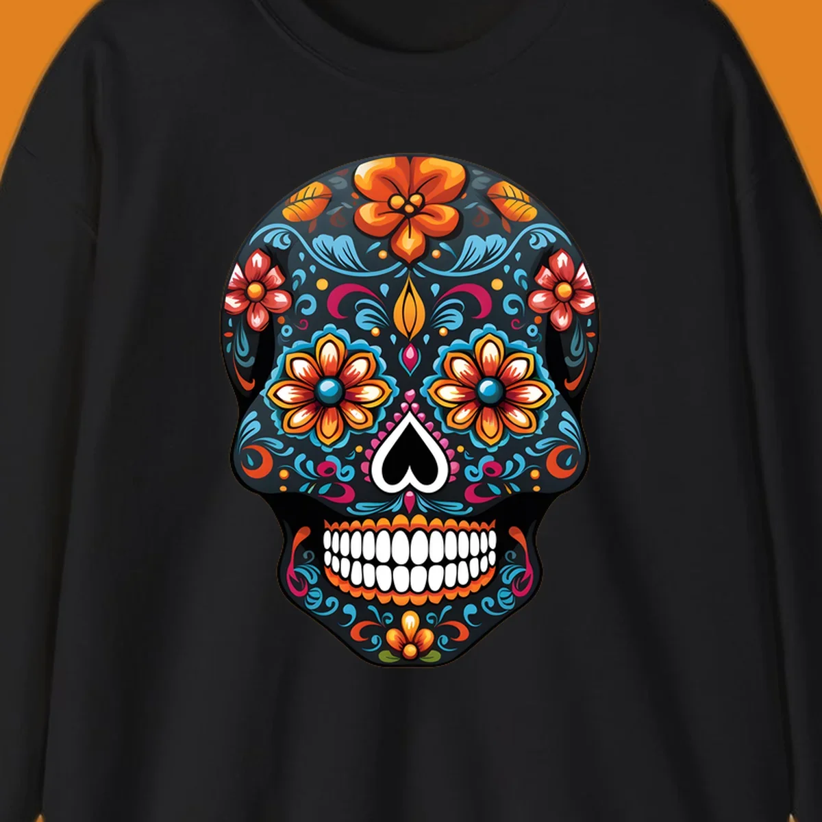 A vibrant calavera sugar skull with intricate floral patterns in orange, blue, red, and yellow, set on a black background.