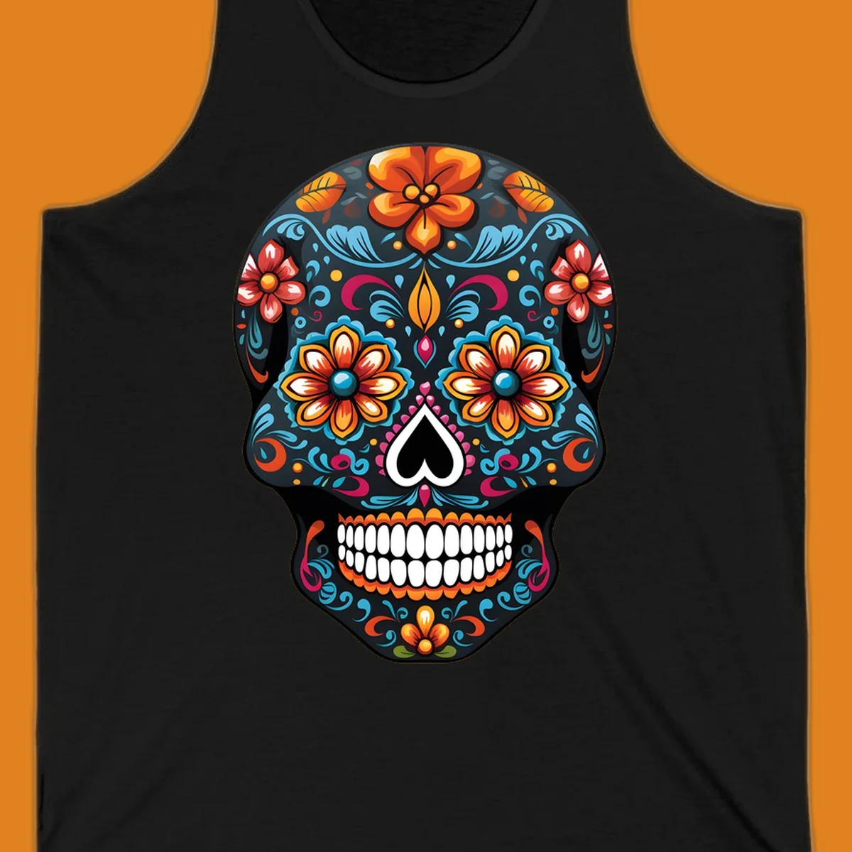 A vibrant calavera sugar skull with intricate floral patterns in orange, blue, red, and yellow, set on a black background.