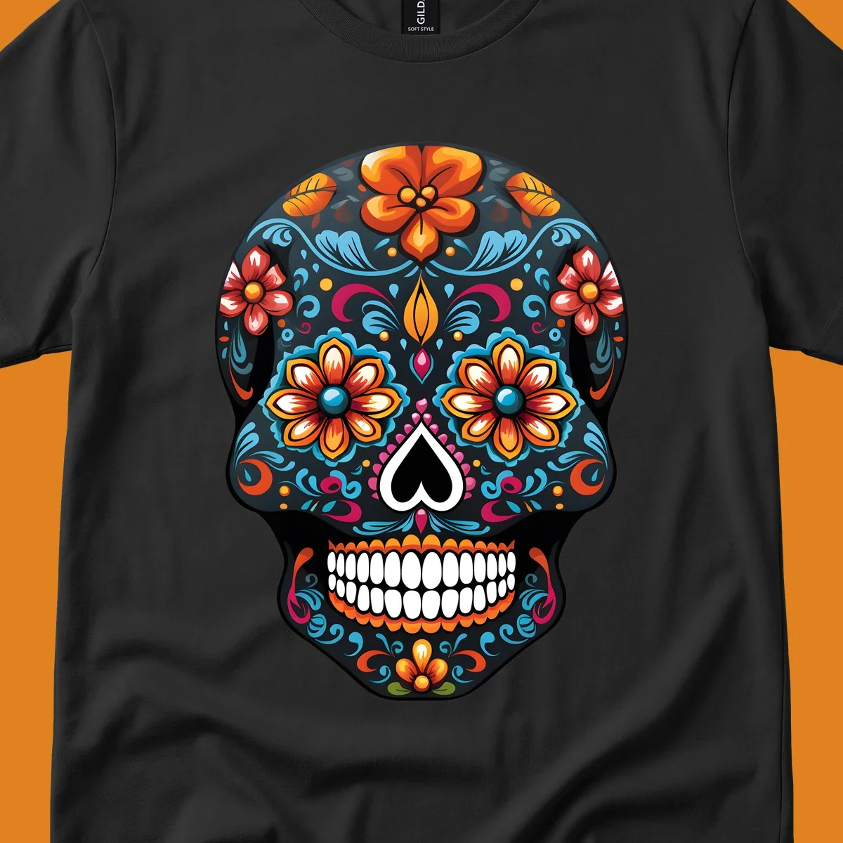A vibrant calavera sugar skull with intricate floral patterns in orange, blue, red, and yellow, set on a black background.