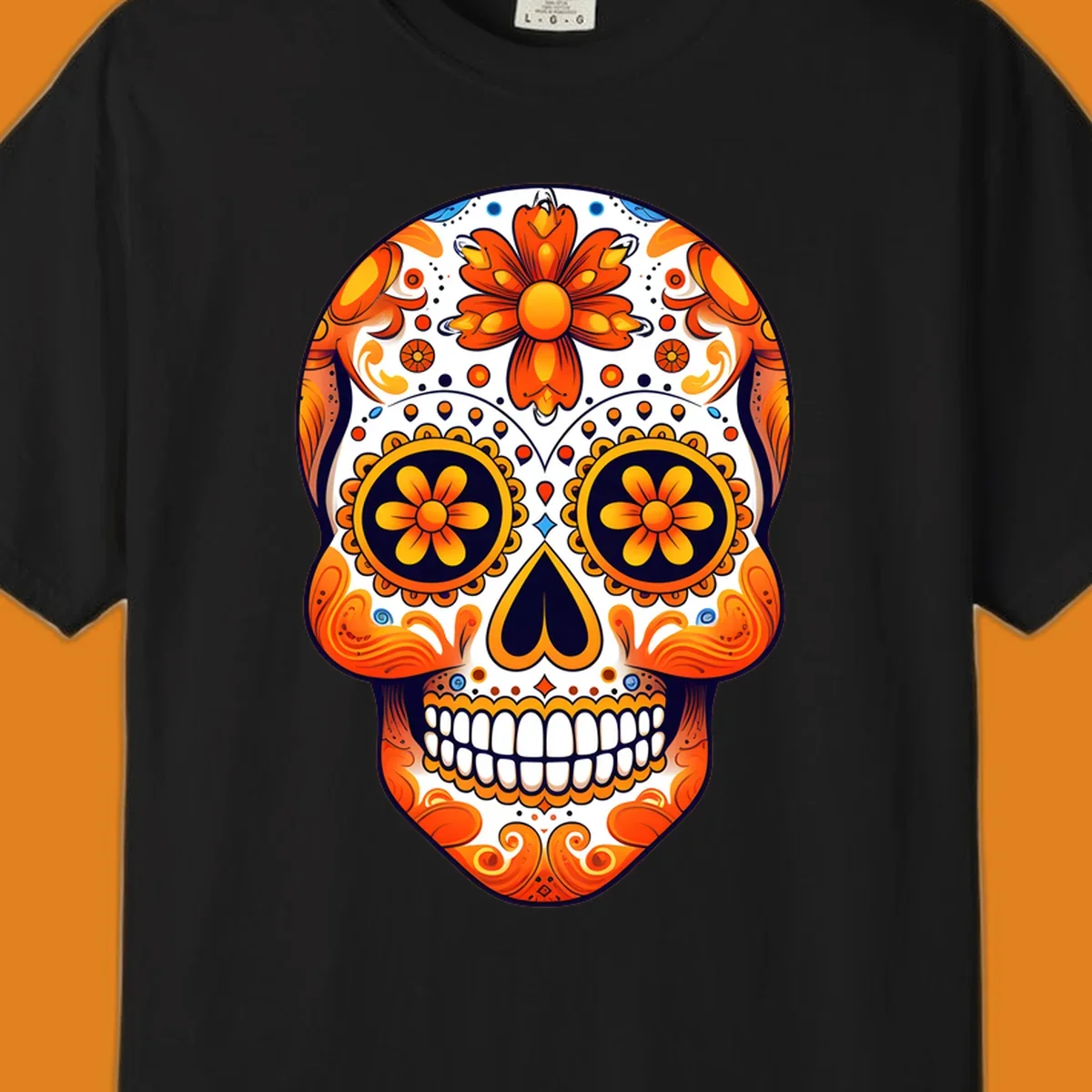 A vibrant marigold calavera skull illustration with orange flowers, white base, and navy accents.