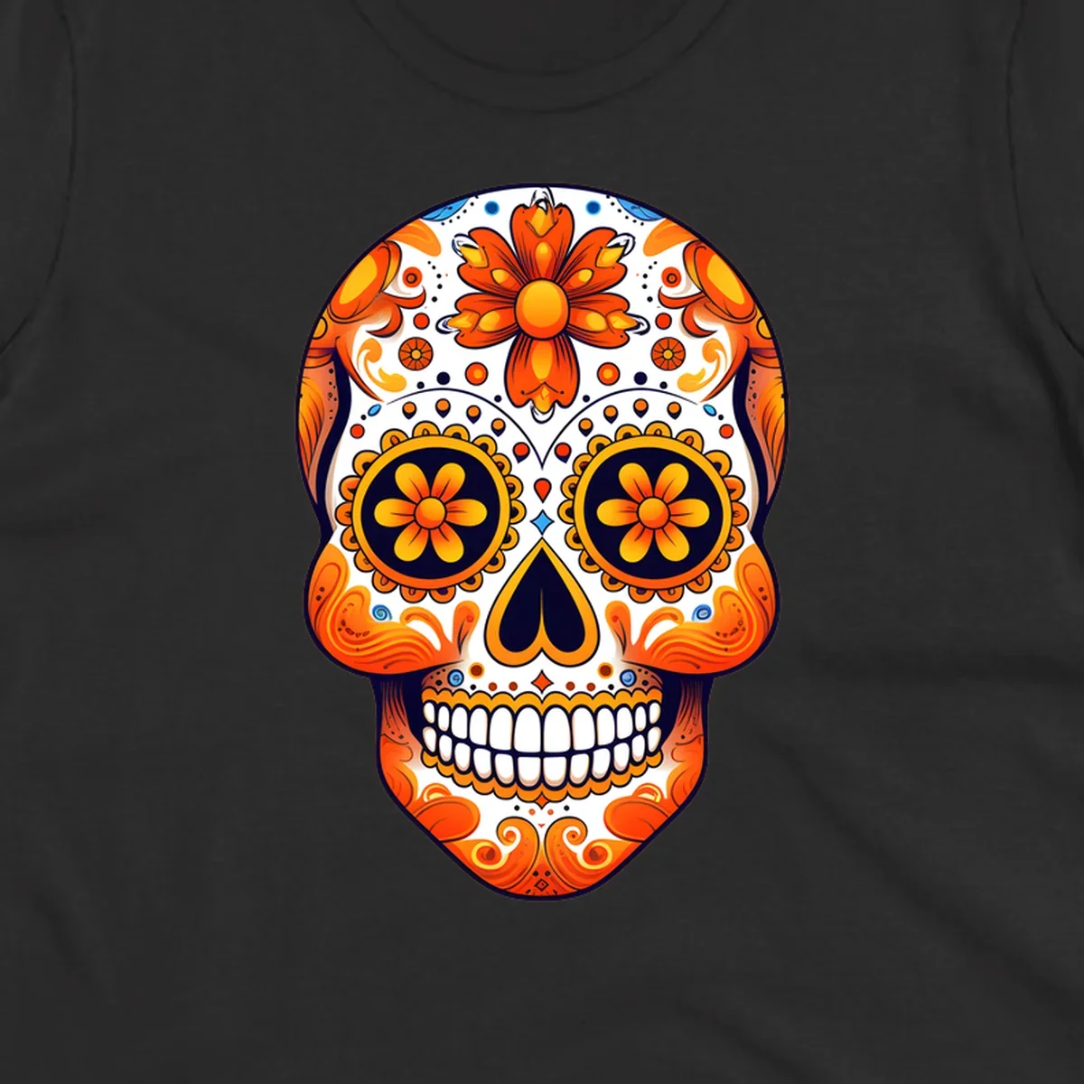 A vibrant marigold calavera skull illustration with orange flowers, white base, and navy accents.
