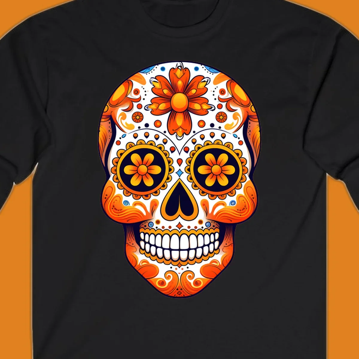 A vibrant marigold calavera skull illustration with orange flowers, white base, and navy accents.