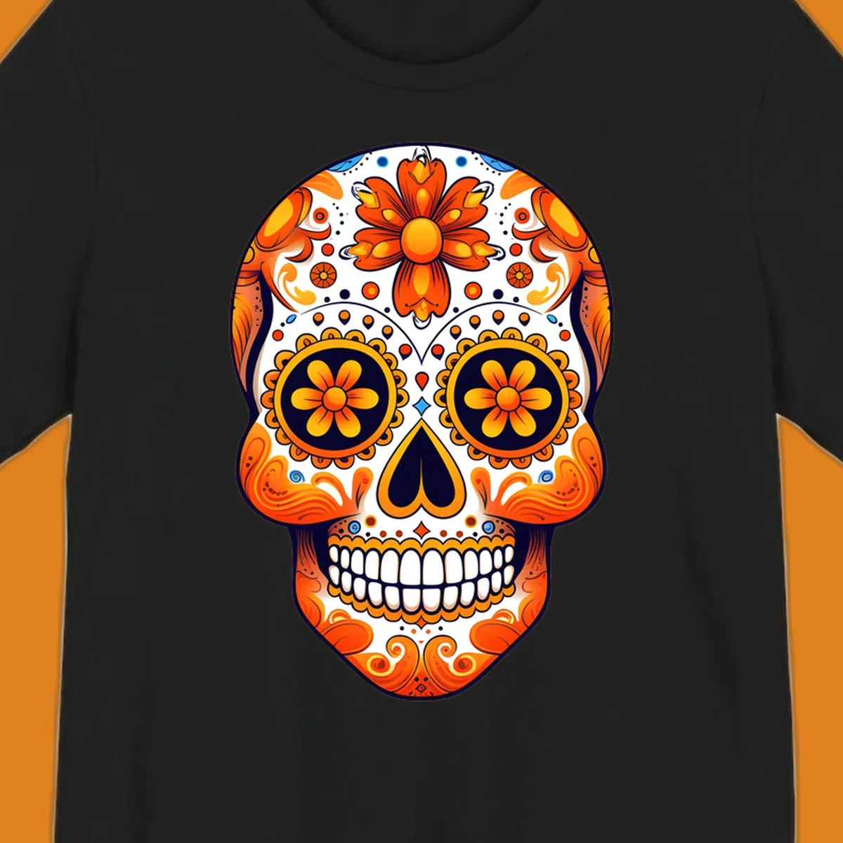 A vibrant marigold calavera skull illustration with orange flowers, white base, and navy accents.