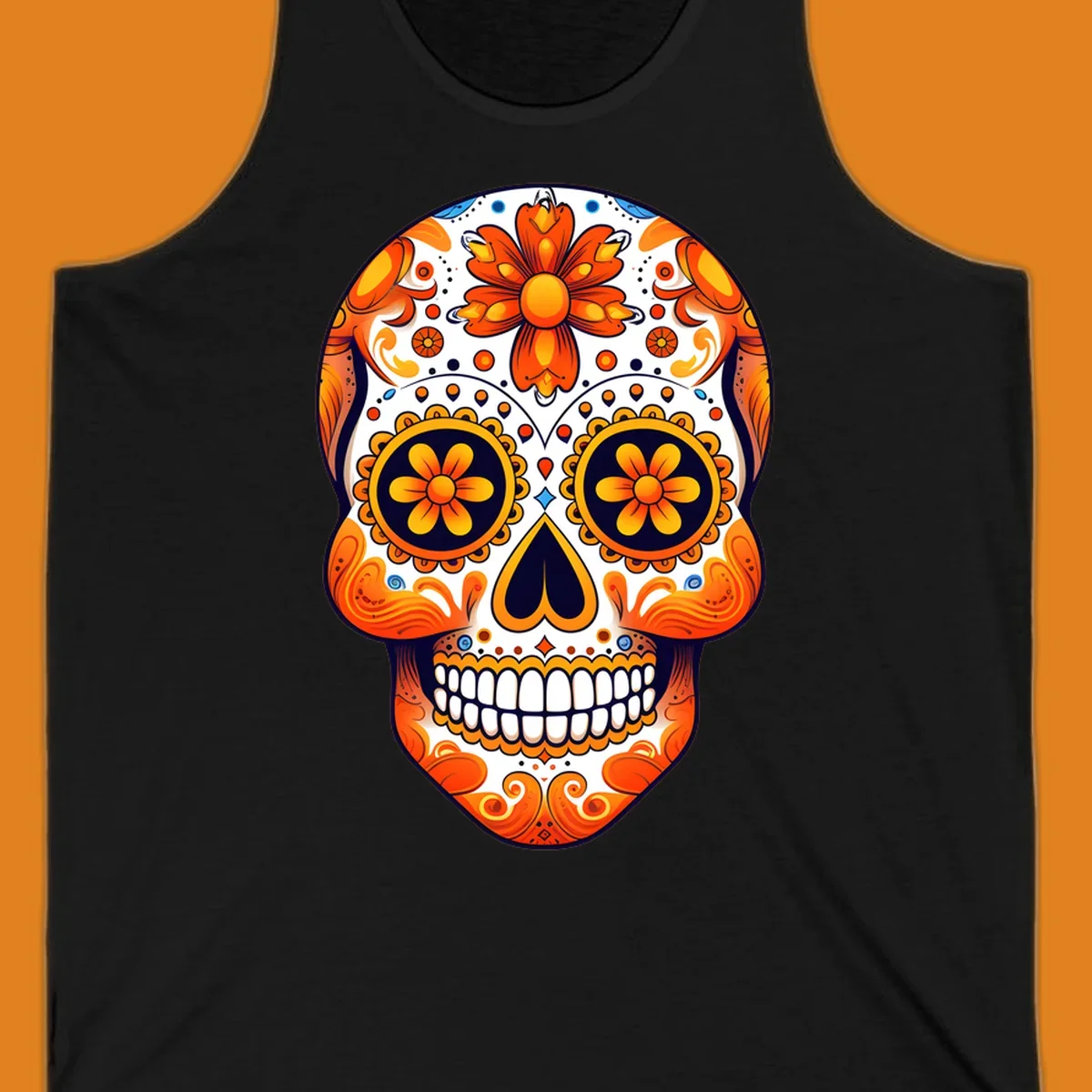 A vibrant marigold calavera skull illustration with orange flowers, white base, and navy accents.