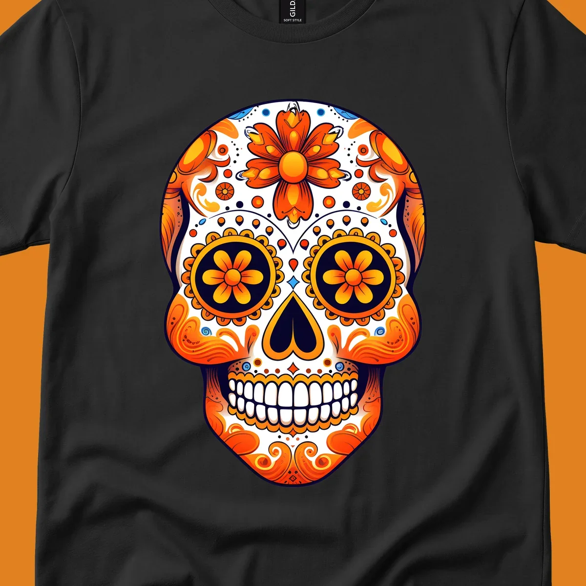 A vibrant marigold calavera skull illustration with orange flowers, white base, and navy accents.