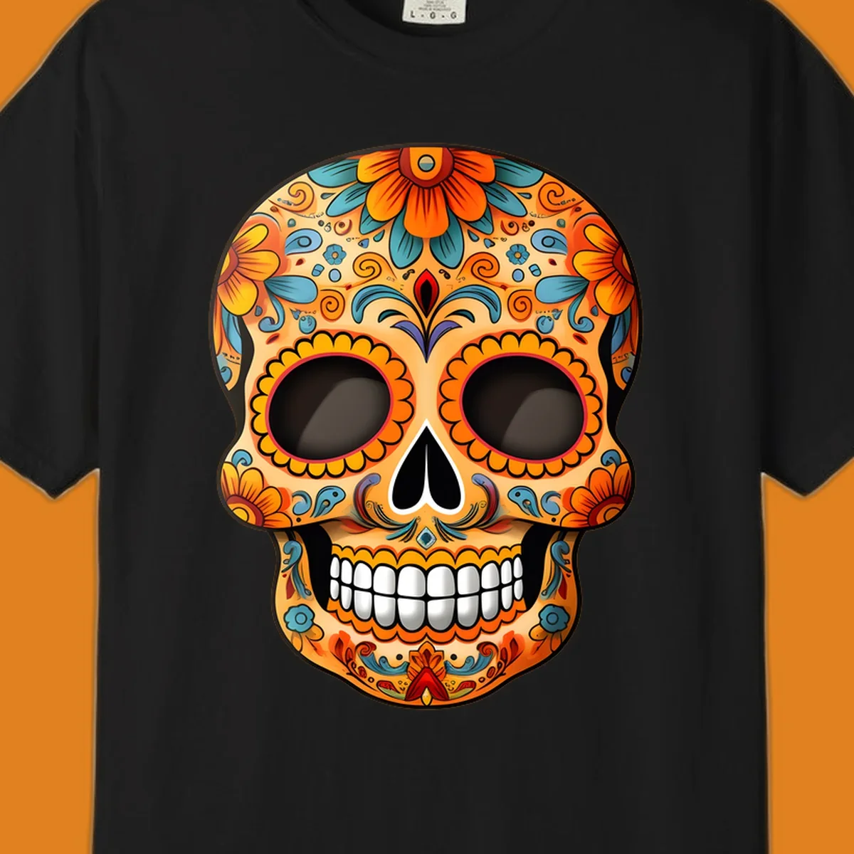 A vibrant floral calavera skull illustration, intricately decorated with orange, yellow, blue, red, and purple patterns.