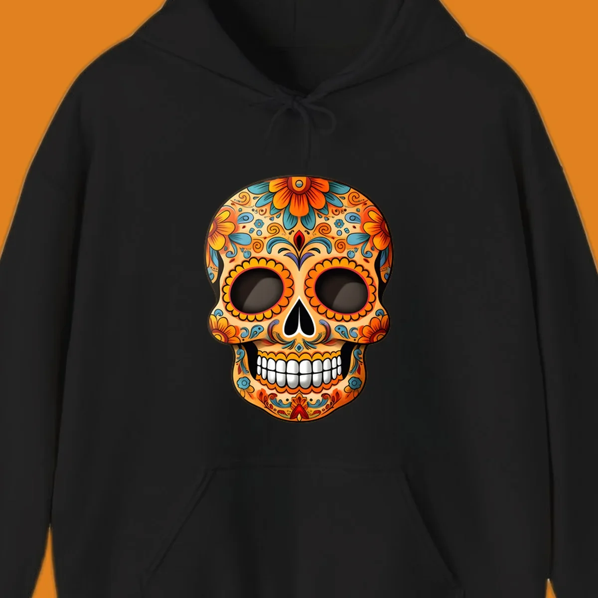 A vibrant floral calavera skull illustration, intricately decorated with orange, yellow, blue, red, and purple patterns.