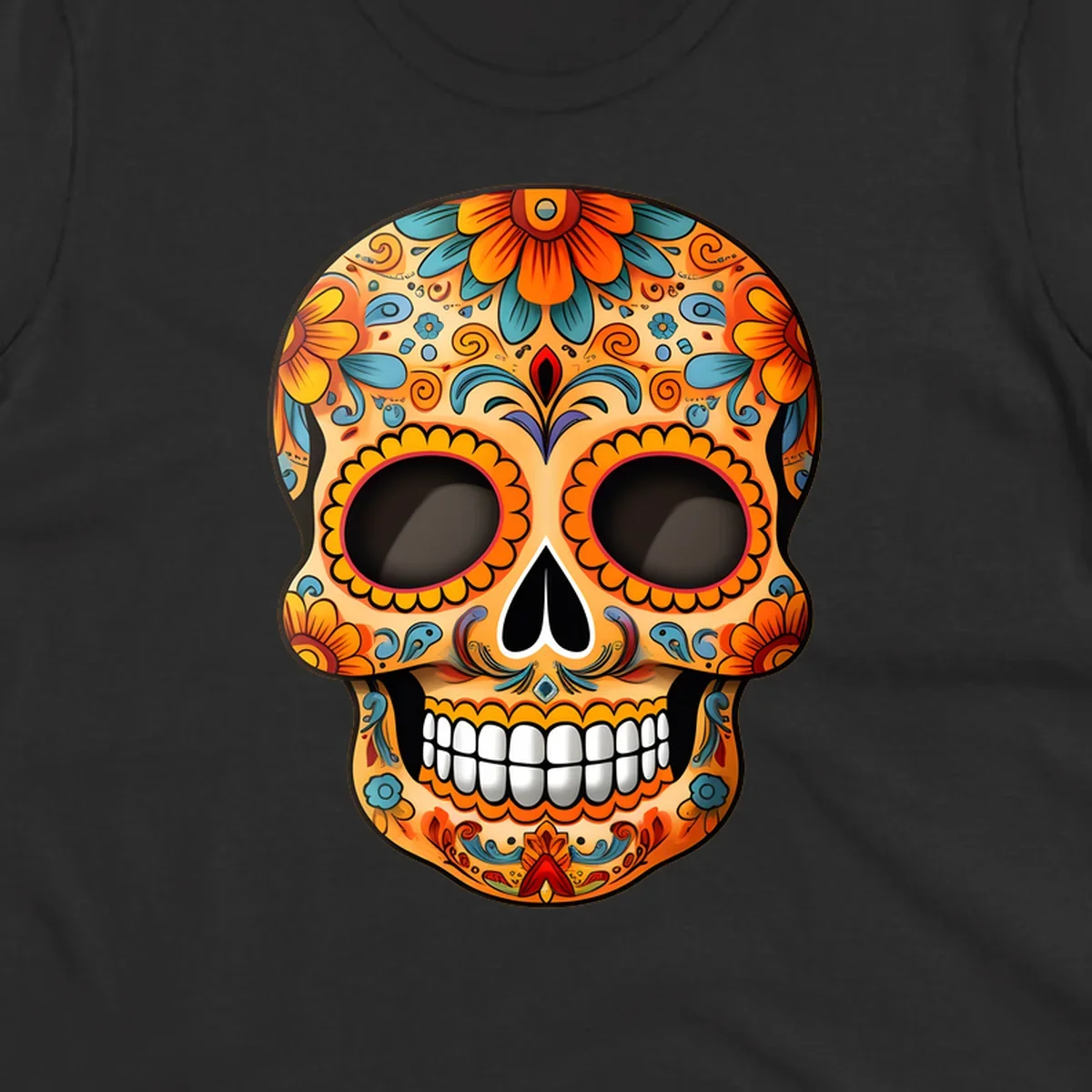 A vibrant floral calavera skull illustration, intricately decorated with orange, yellow, blue, red, and purple patterns.