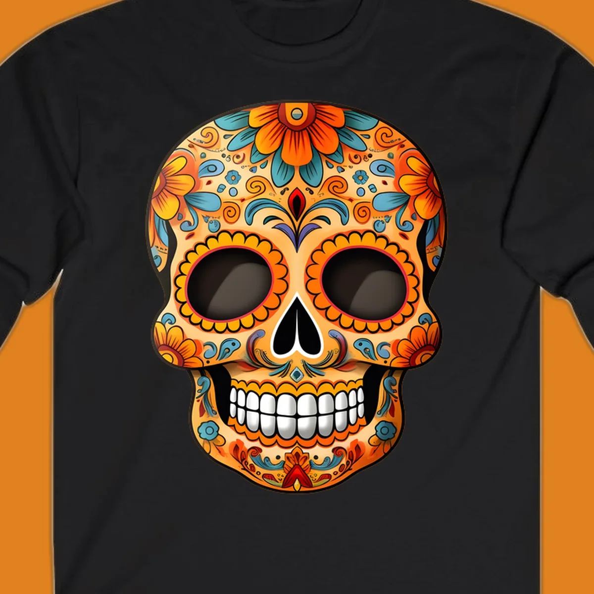 A vibrant floral calavera skull illustration, intricately decorated with orange, yellow, blue, red, and purple patterns.