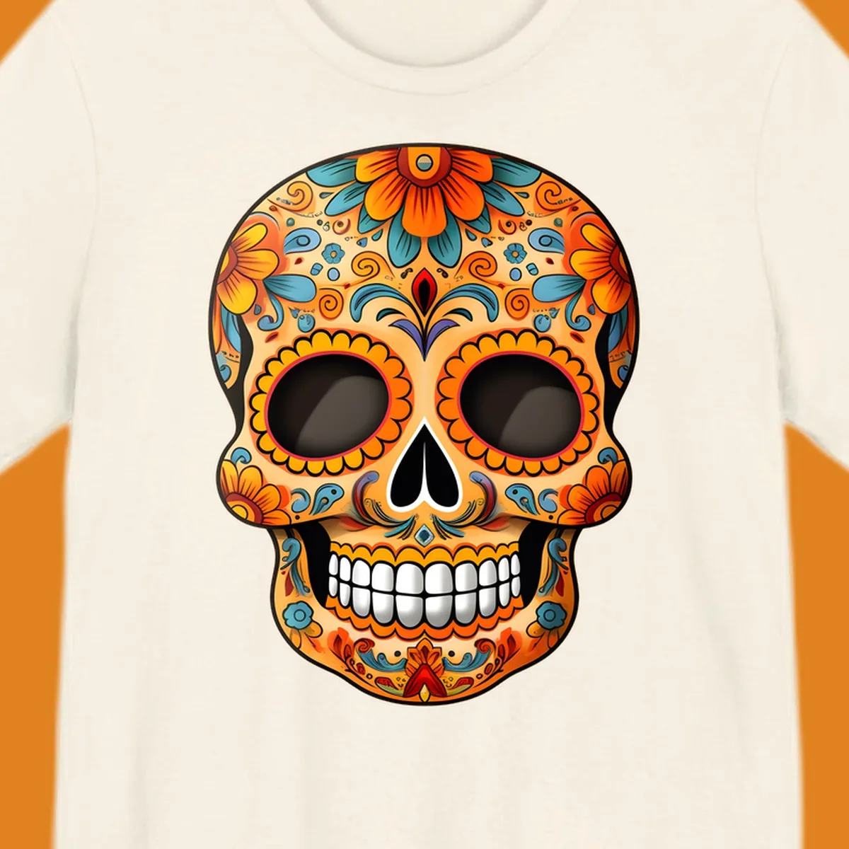 A vibrant floral calavera skull illustration, intricately decorated with orange, yellow, blue, red, and purple patterns.