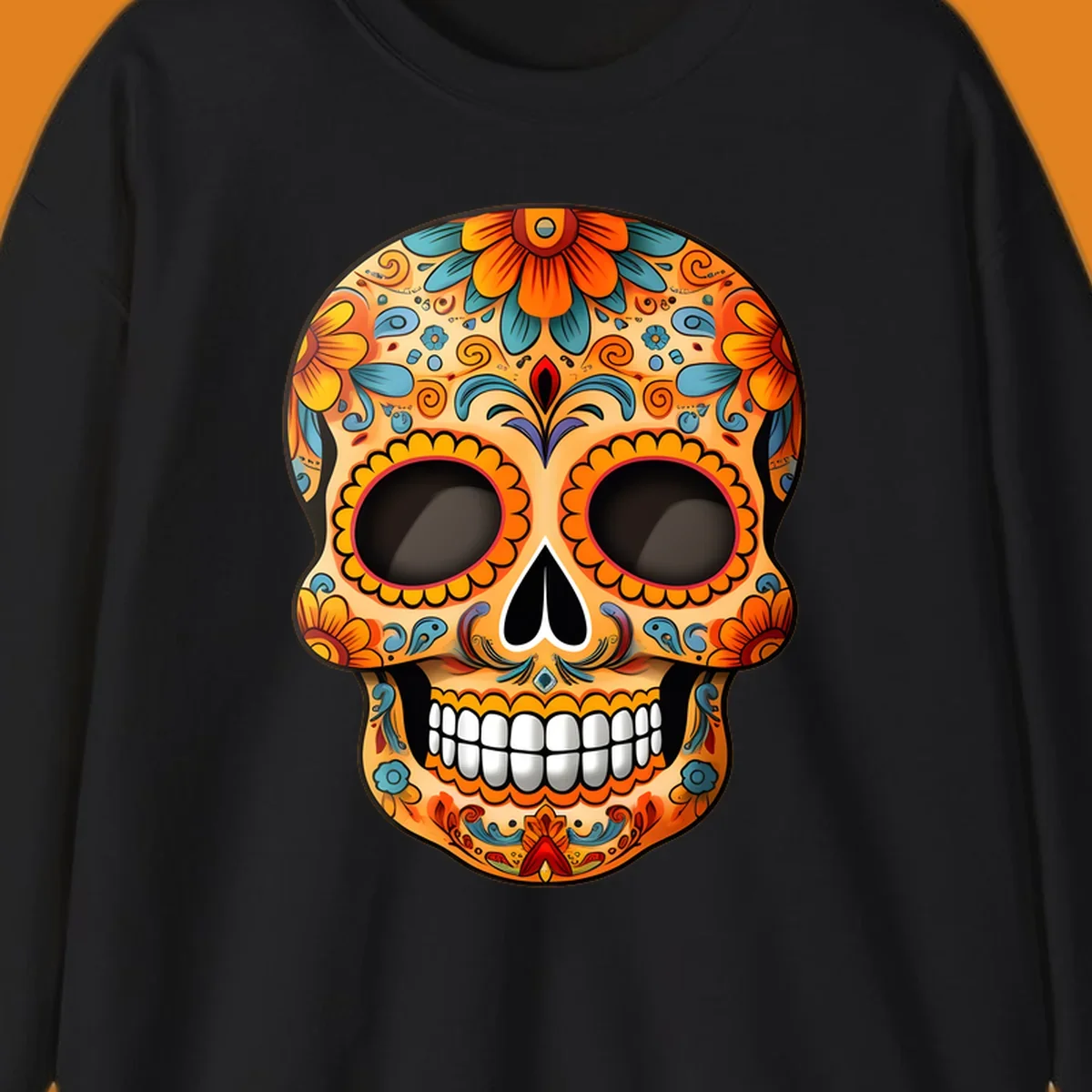 A vibrant floral calavera skull illustration, intricately decorated with orange, yellow, blue, red, and purple patterns.