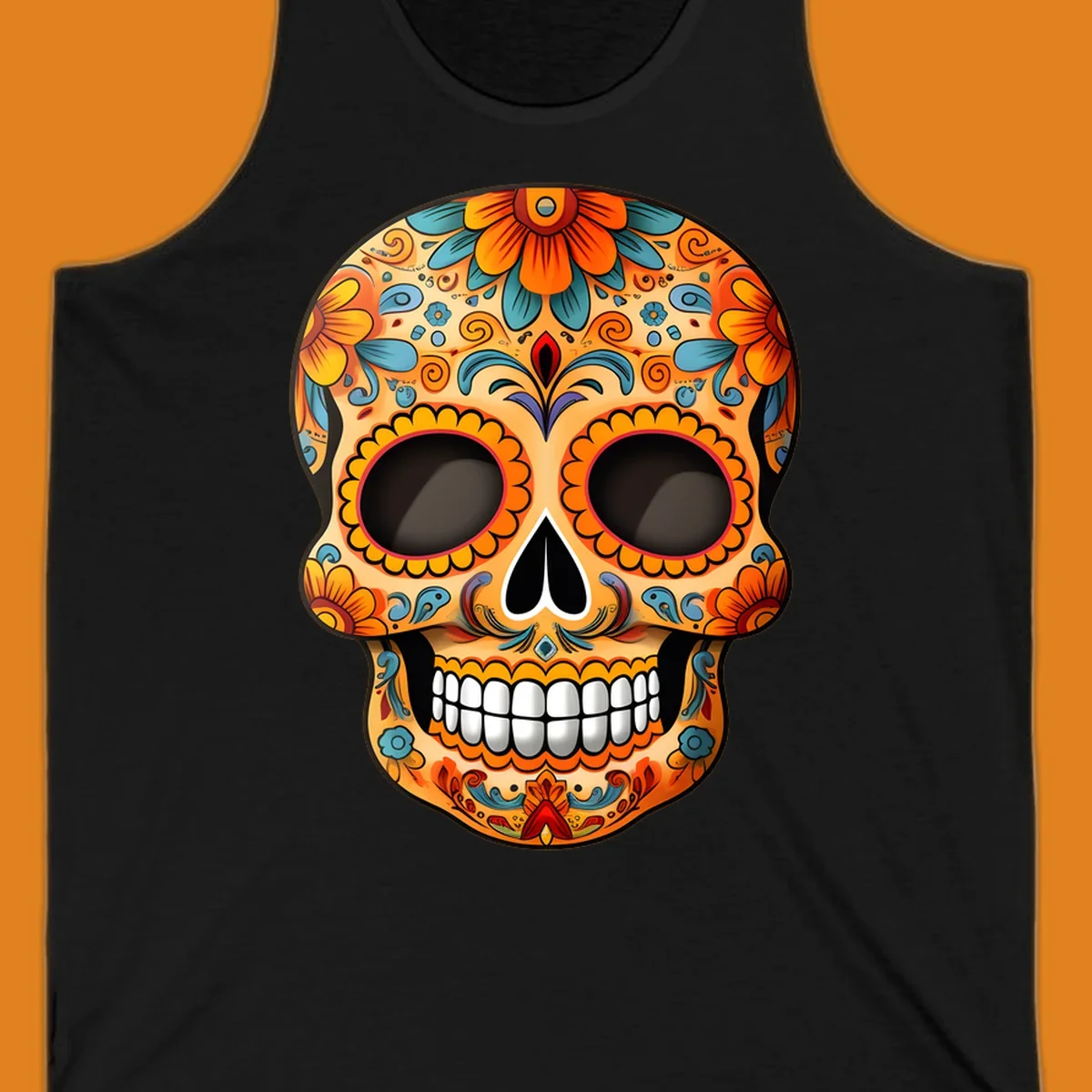 A vibrant floral calavera skull illustration, intricately decorated with orange, yellow, blue, red, and purple patterns.