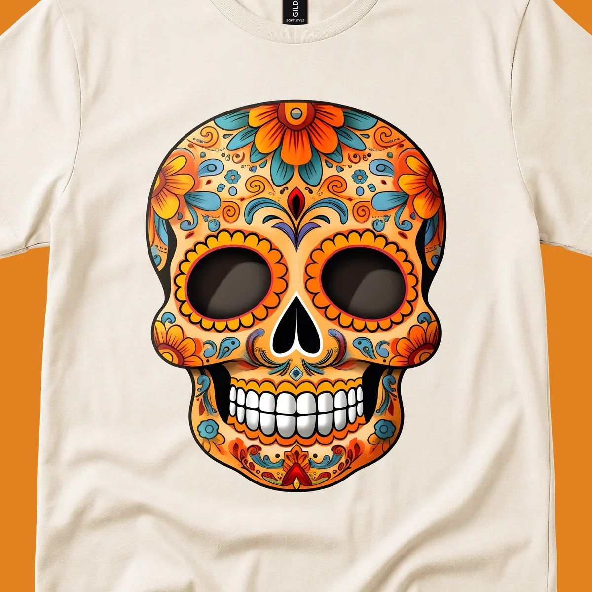A vibrant floral calavera skull illustration, intricately decorated with orange, yellow, blue, red, and purple patterns.