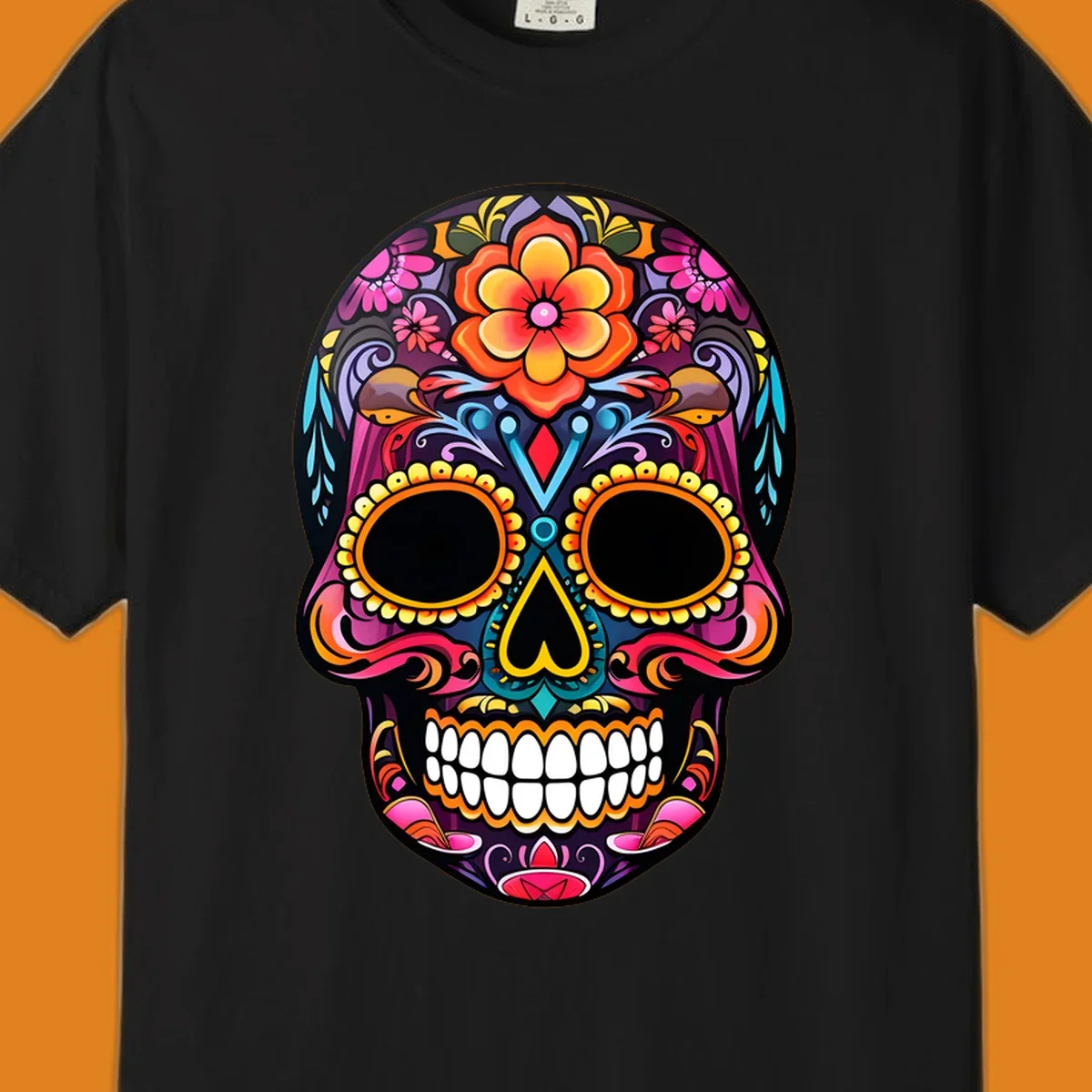A vibrant floral sugar skull illustration, rich with pink, orange, yellow, and blue patterns, suitable for apparel.
