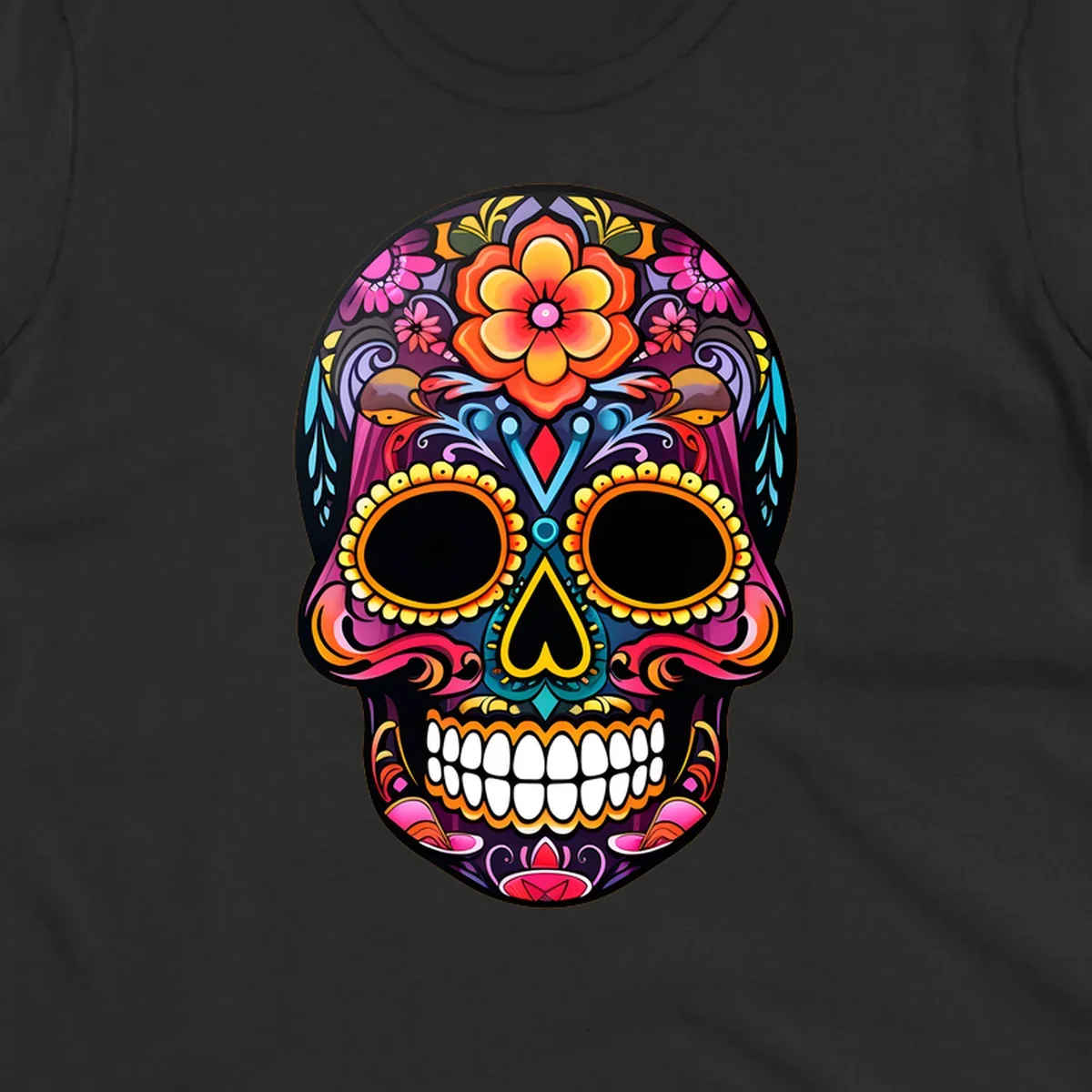 A vibrant floral sugar skull illustration, rich with pink, orange, yellow, and blue patterns, suitable for apparel.