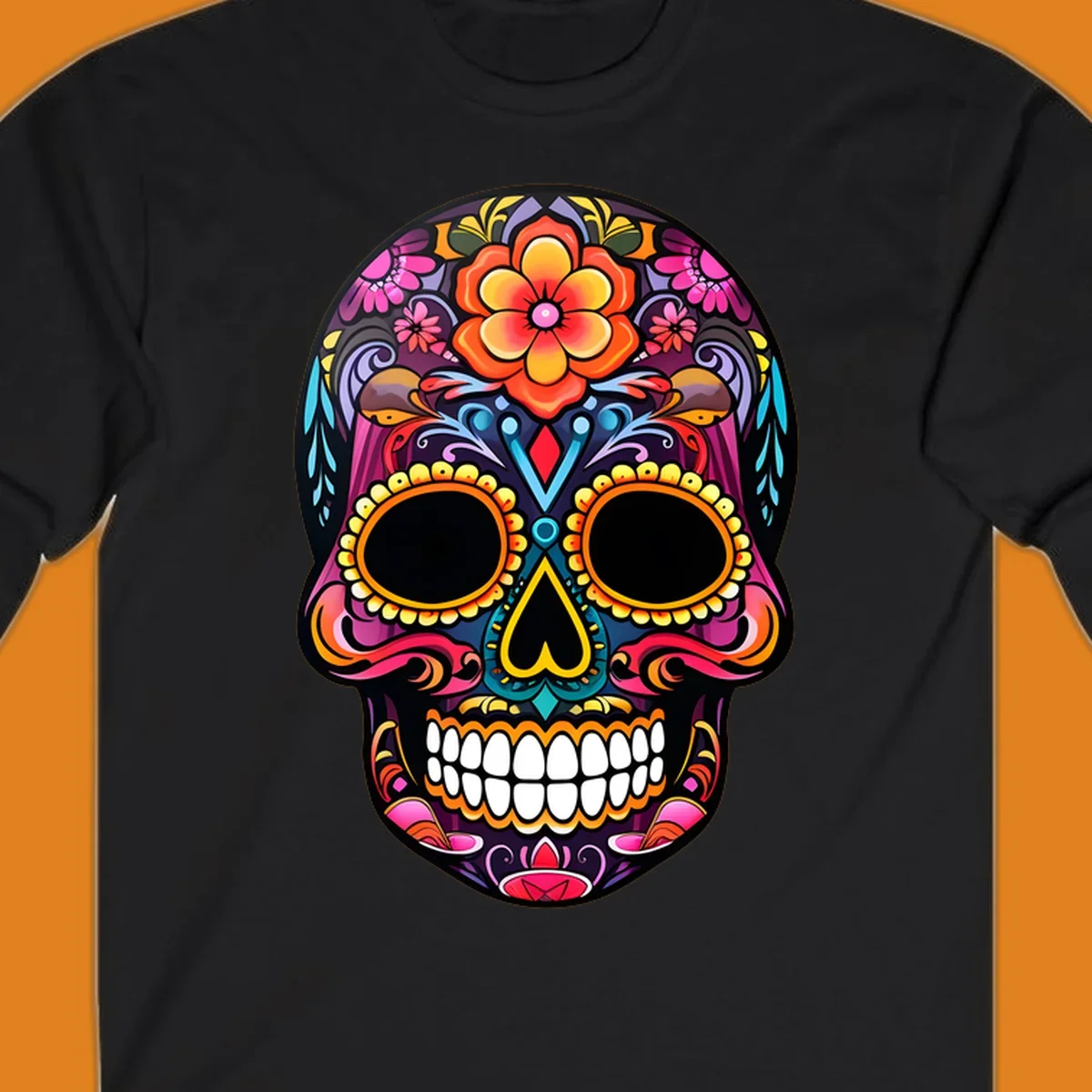 A vibrant floral sugar skull illustration, rich with pink, orange, yellow, and blue patterns, suitable for apparel.