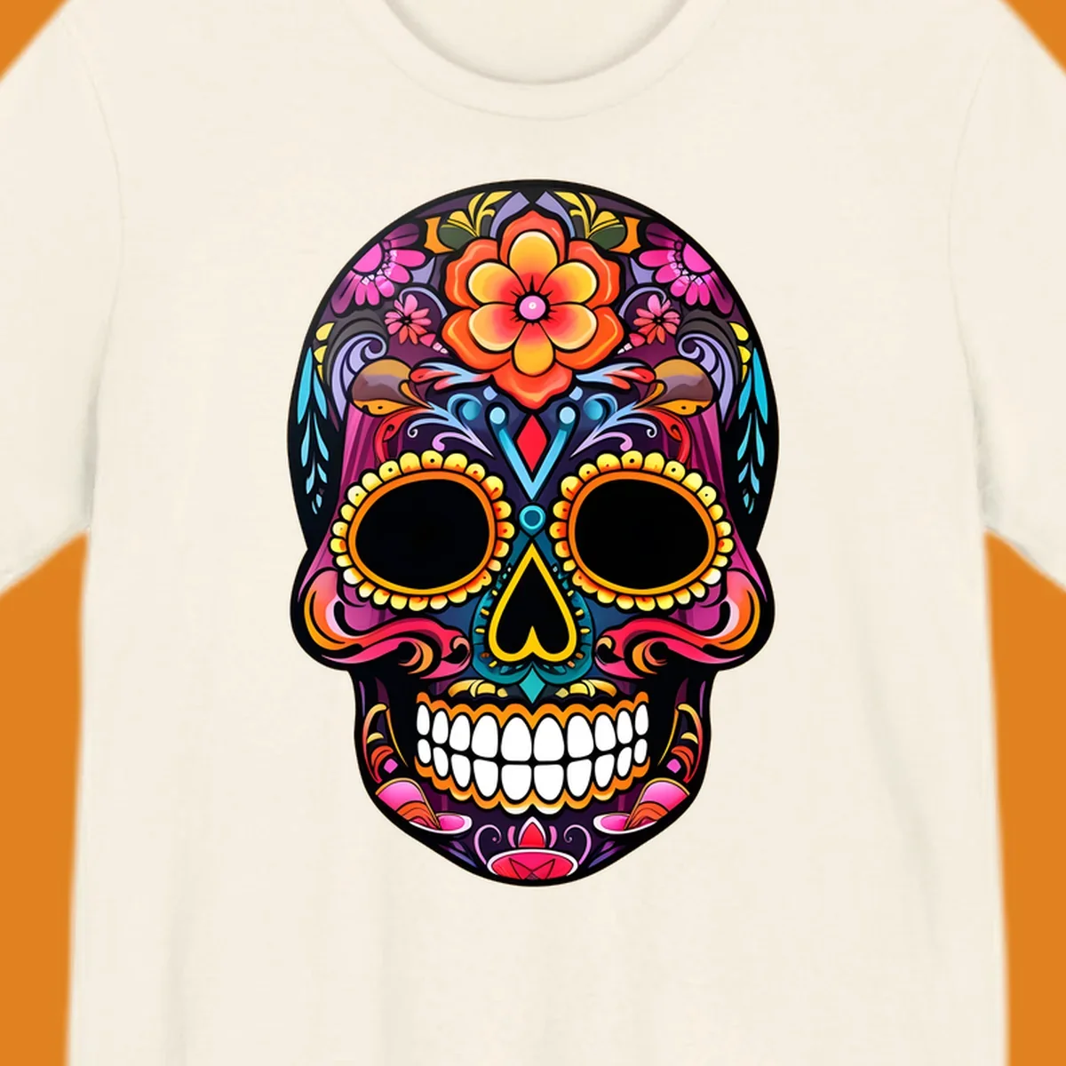 A vibrant floral sugar skull illustration, rich with pink, orange, yellow, and blue patterns, suitable for apparel.