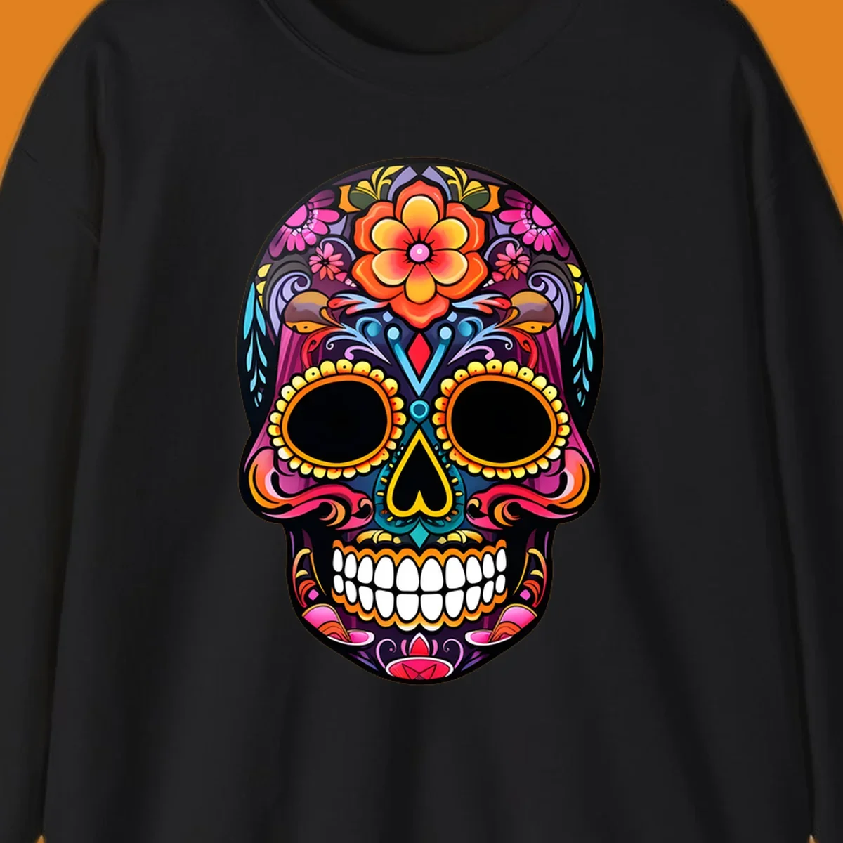 A vibrant floral sugar skull illustration, rich with pink, orange, yellow, and blue patterns, suitable for apparel.