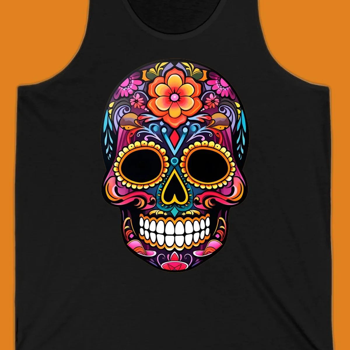A vibrant floral sugar skull illustration, rich with pink, orange, yellow, and blue patterns, suitable for apparel.
