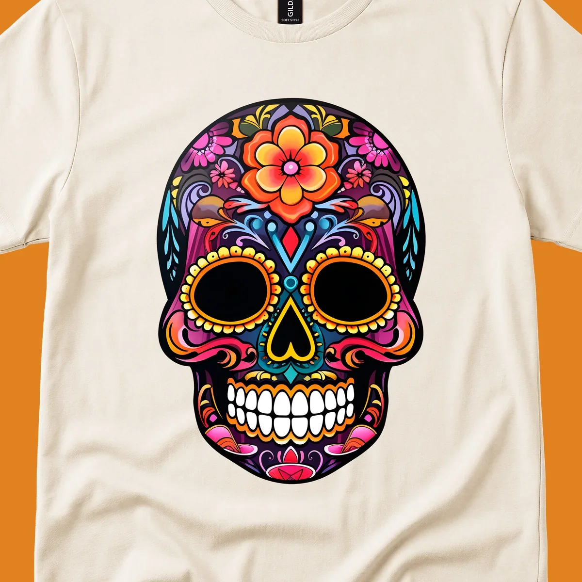 A vibrant floral sugar skull illustration, rich with pink, orange, yellow, and blue patterns, suitable for apparel.