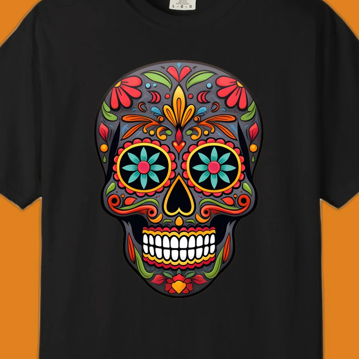 A vibrantly colored calavera sugar skull illustration with intricate floral patterns in red, orange, yellow, green, and blue.