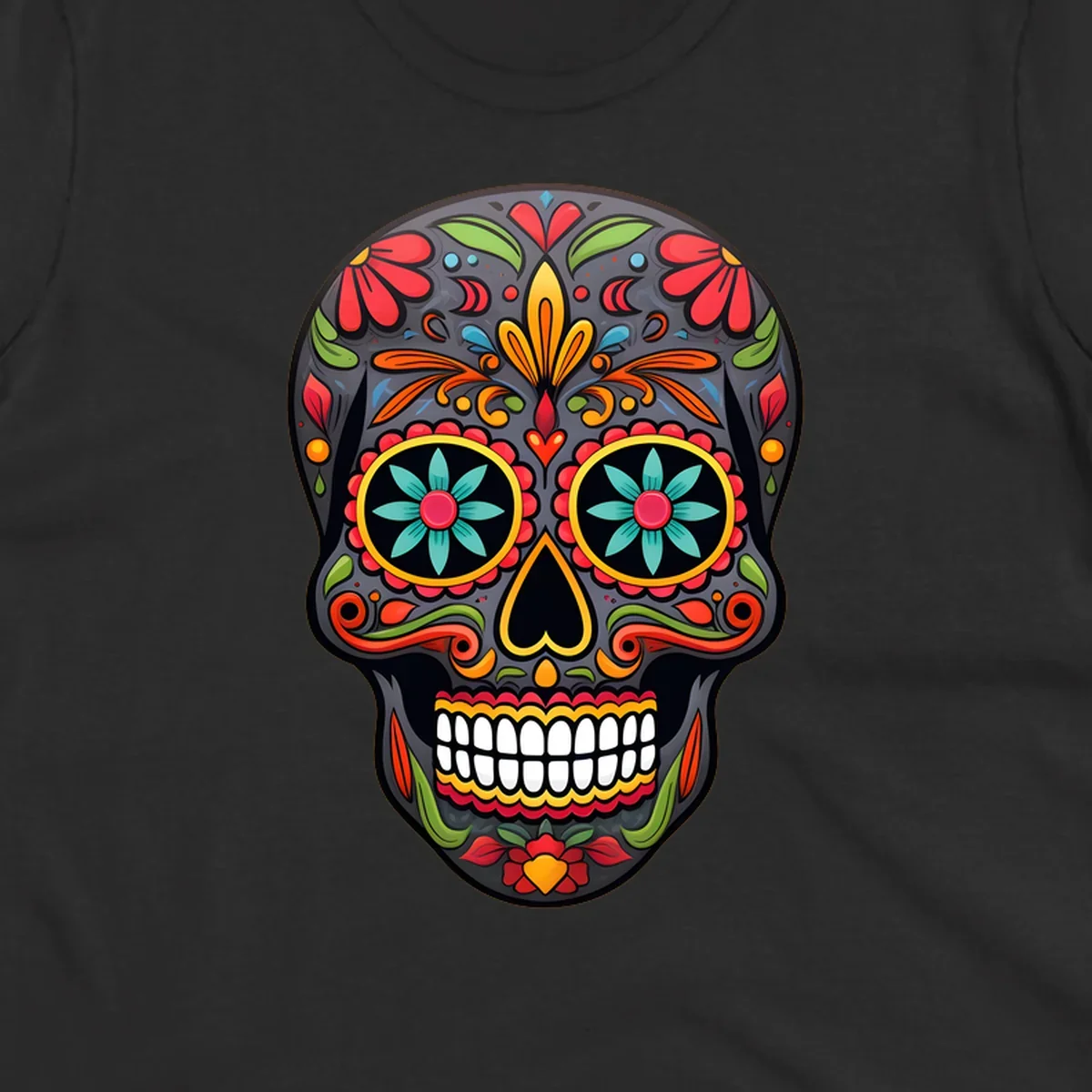 A vibrantly colored calavera sugar skull illustration with intricate floral patterns in red, orange, yellow, green, and blue.