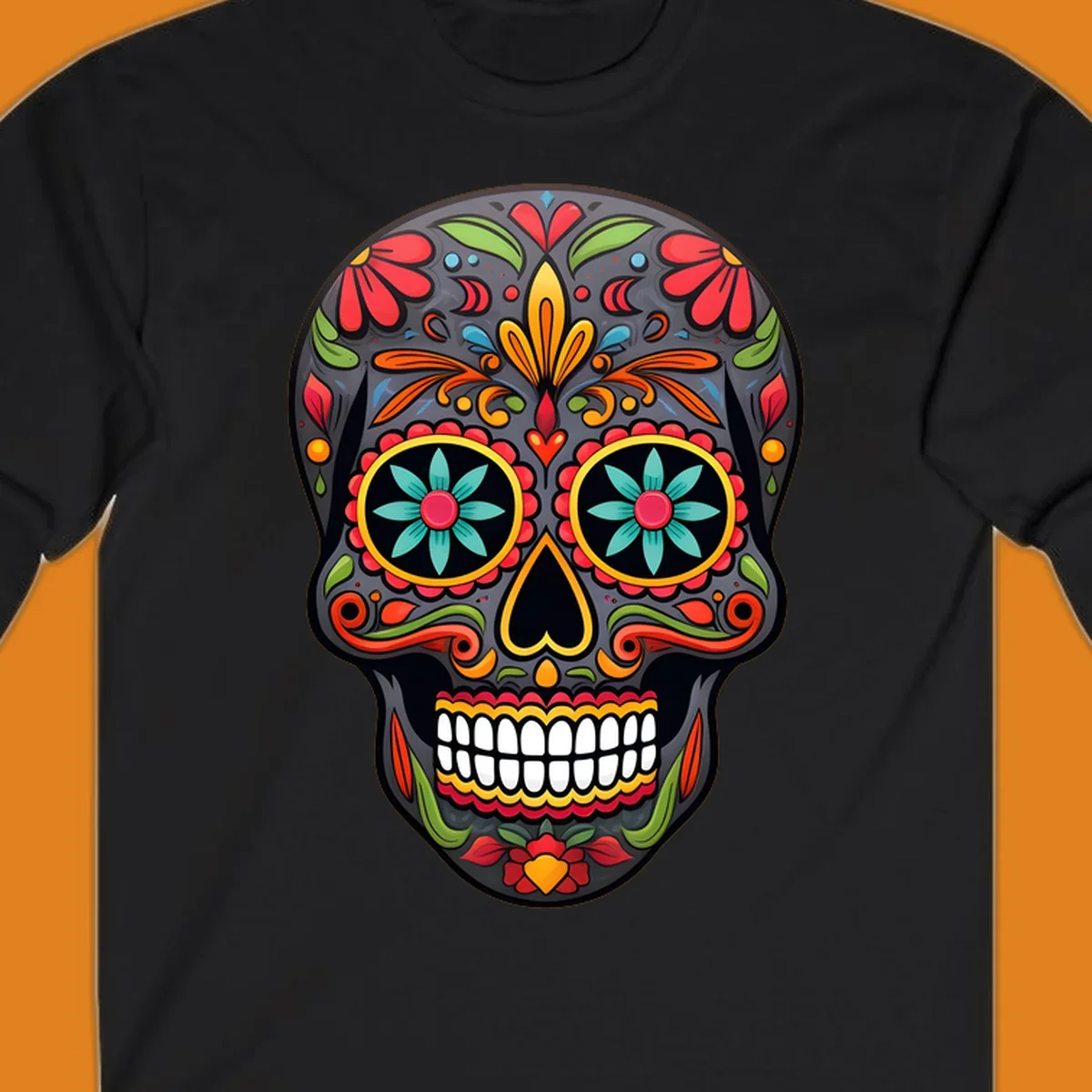 A vibrantly colored calavera sugar skull illustration with intricate floral patterns in red, orange, yellow, green, and blue.