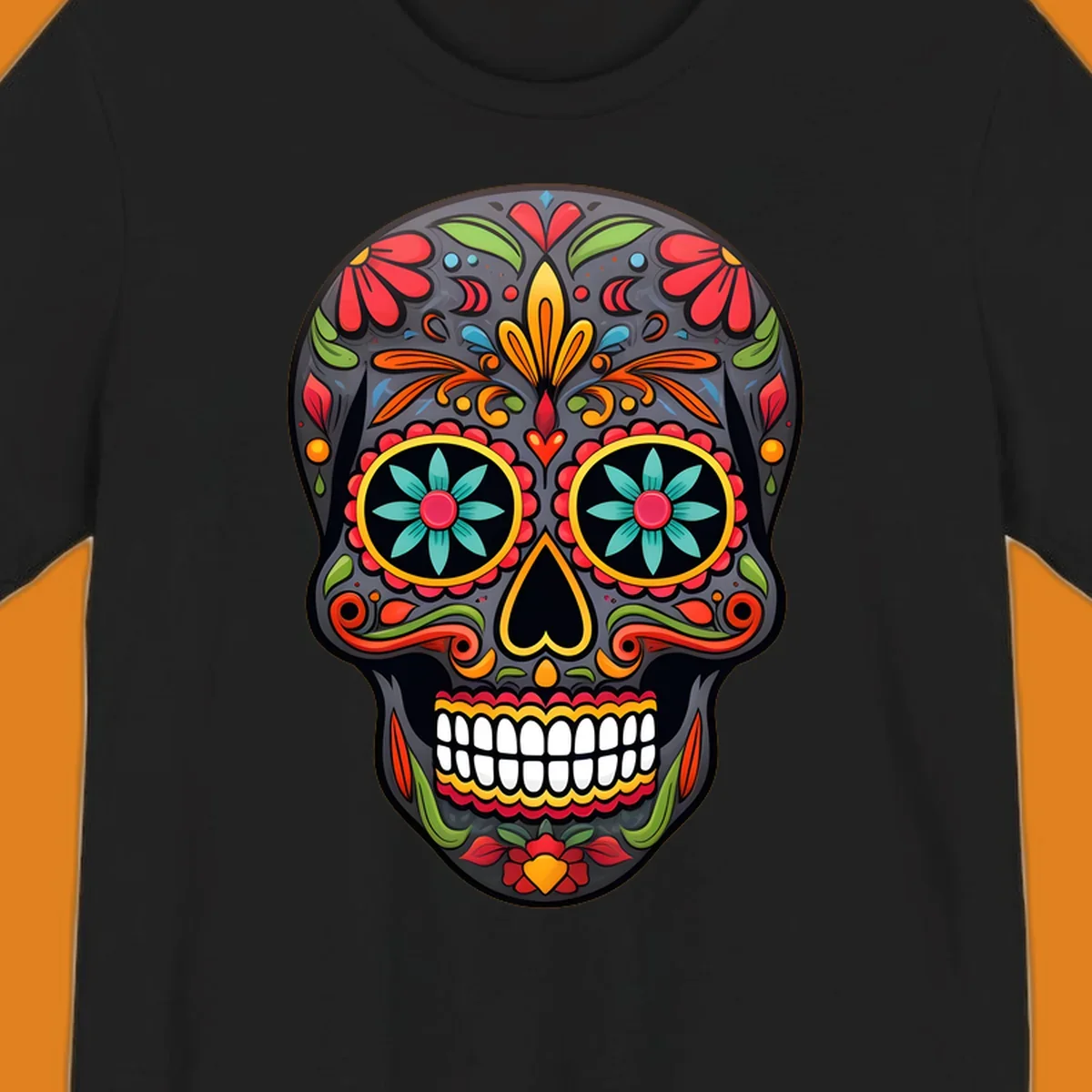 A vibrantly colored calavera sugar skull illustration with intricate floral patterns in red, orange, yellow, green, and blue.