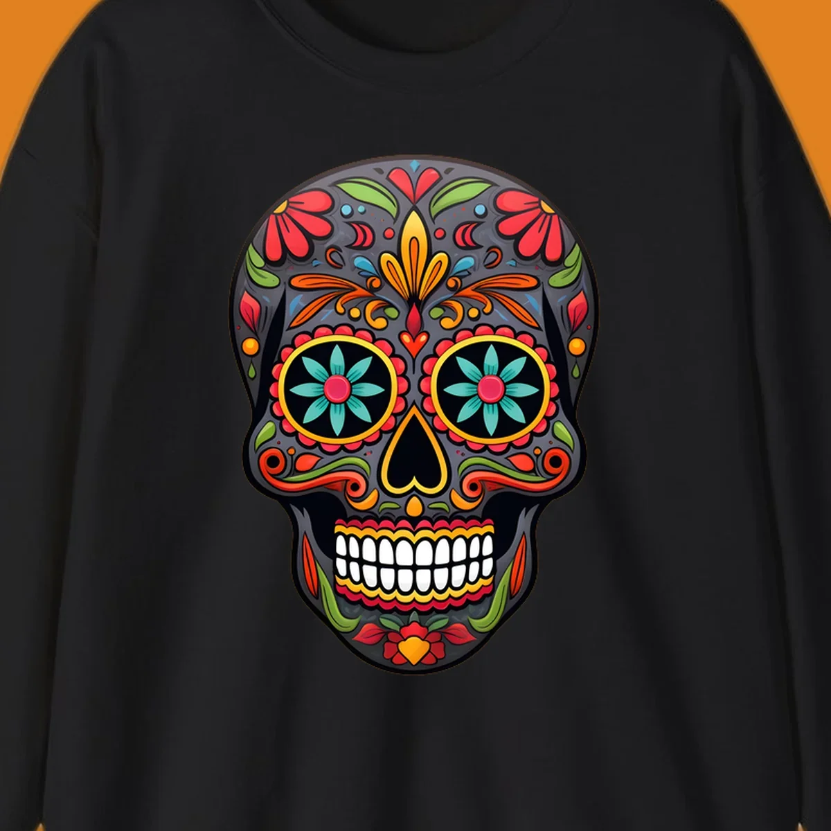 A vibrantly colored calavera sugar skull illustration with intricate floral patterns in red, orange, yellow, green, and blue.