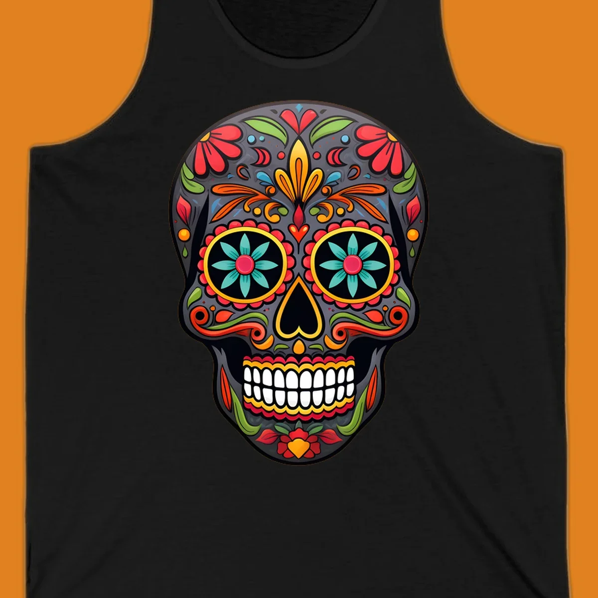 A vibrantly colored calavera sugar skull illustration with intricate floral patterns in red, orange, yellow, green, and blue.