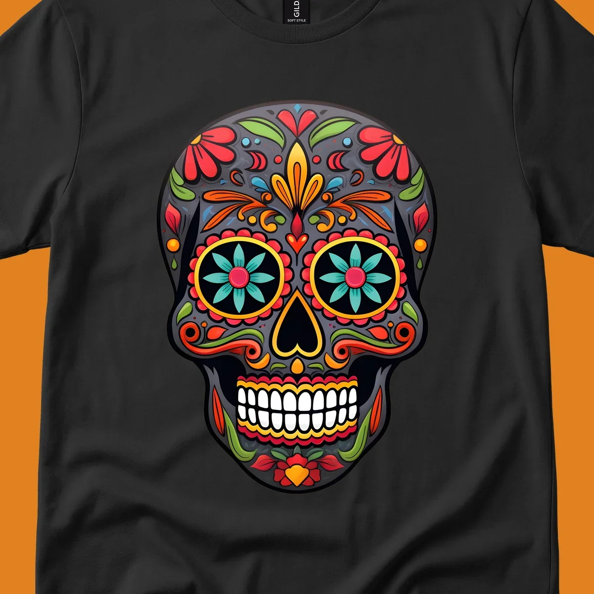 A vibrantly colored calavera sugar skull illustration with intricate floral patterns in red, orange, yellow, green, and blue.