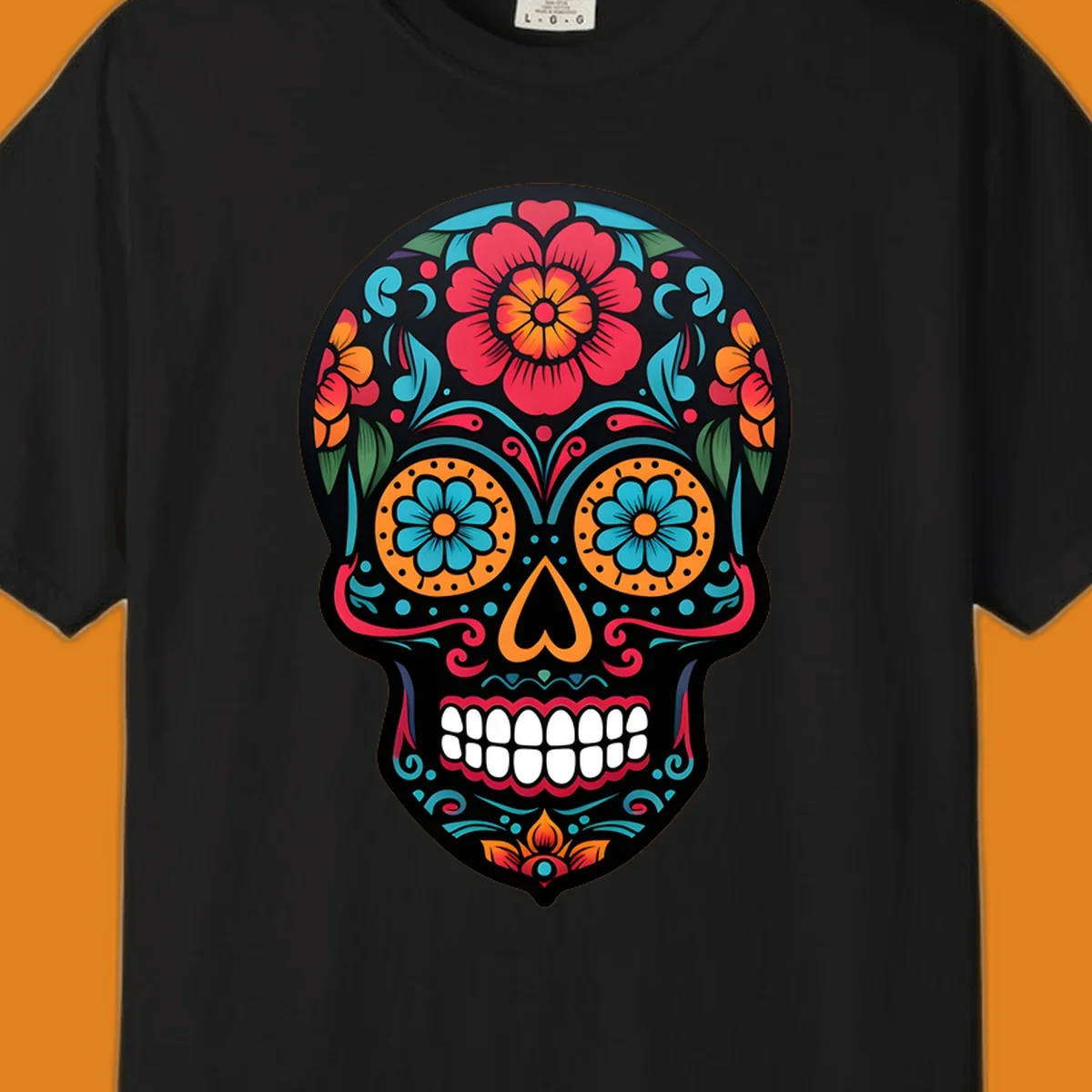 A vibrant floral calavera skull design with red, orange, blue, and teal flowers and patterns on a black skull.