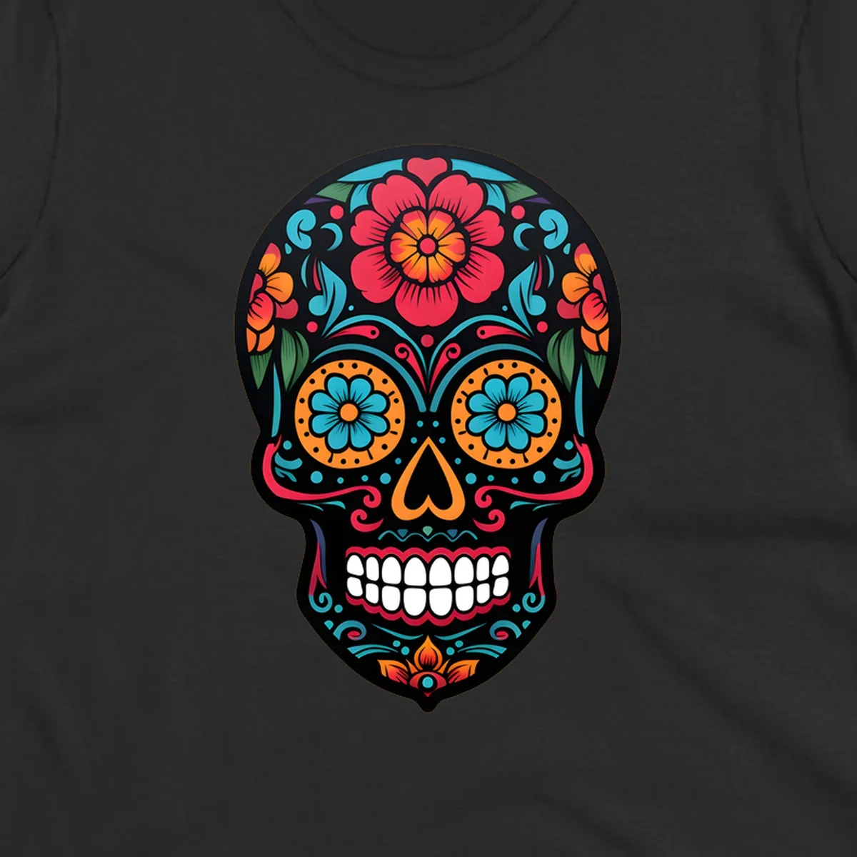 A vibrant floral calavera skull design with red, orange, blue, and teal flowers and patterns on a black skull.