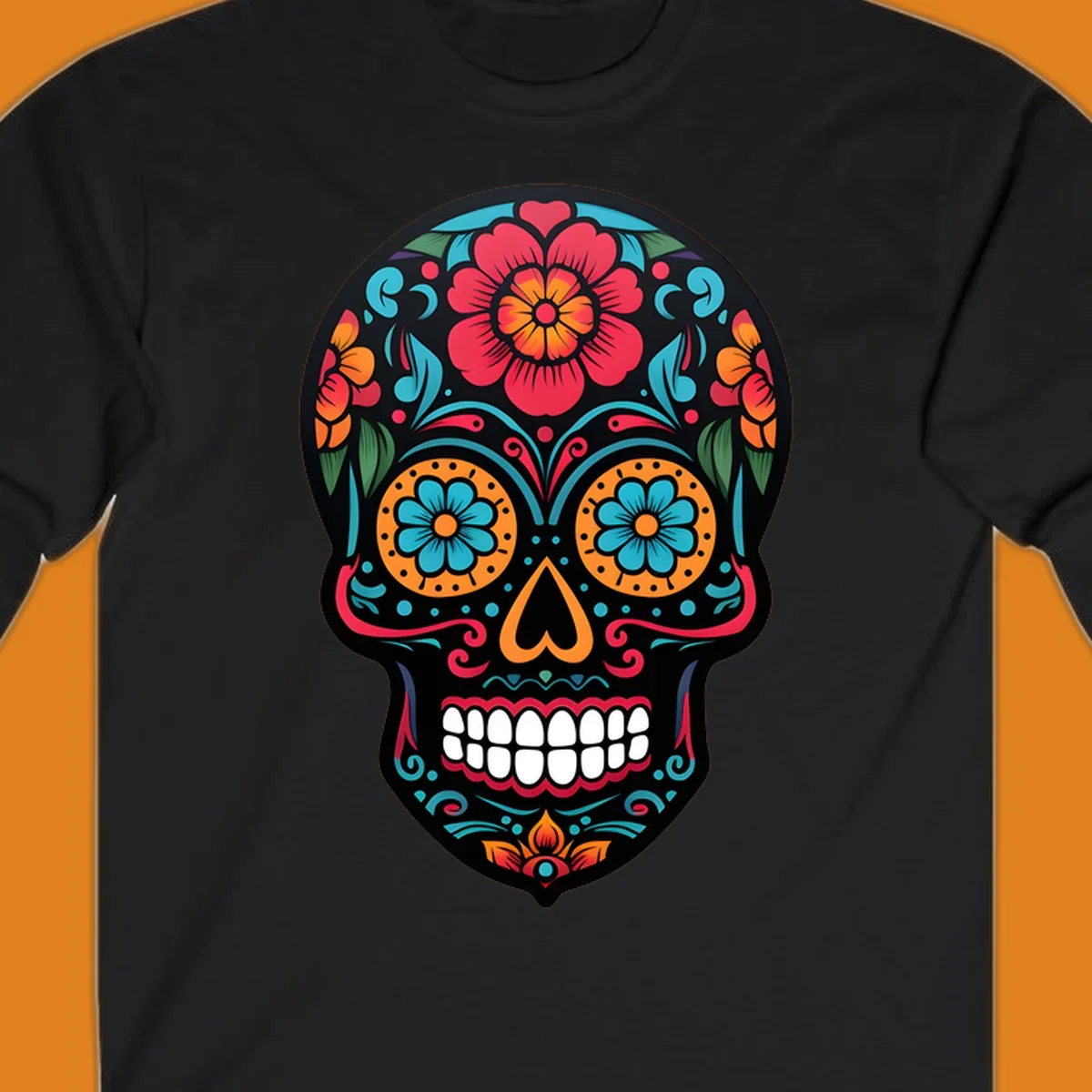 A vibrant floral calavera skull design with red, orange, blue, and teal flowers and patterns on a black skull.
