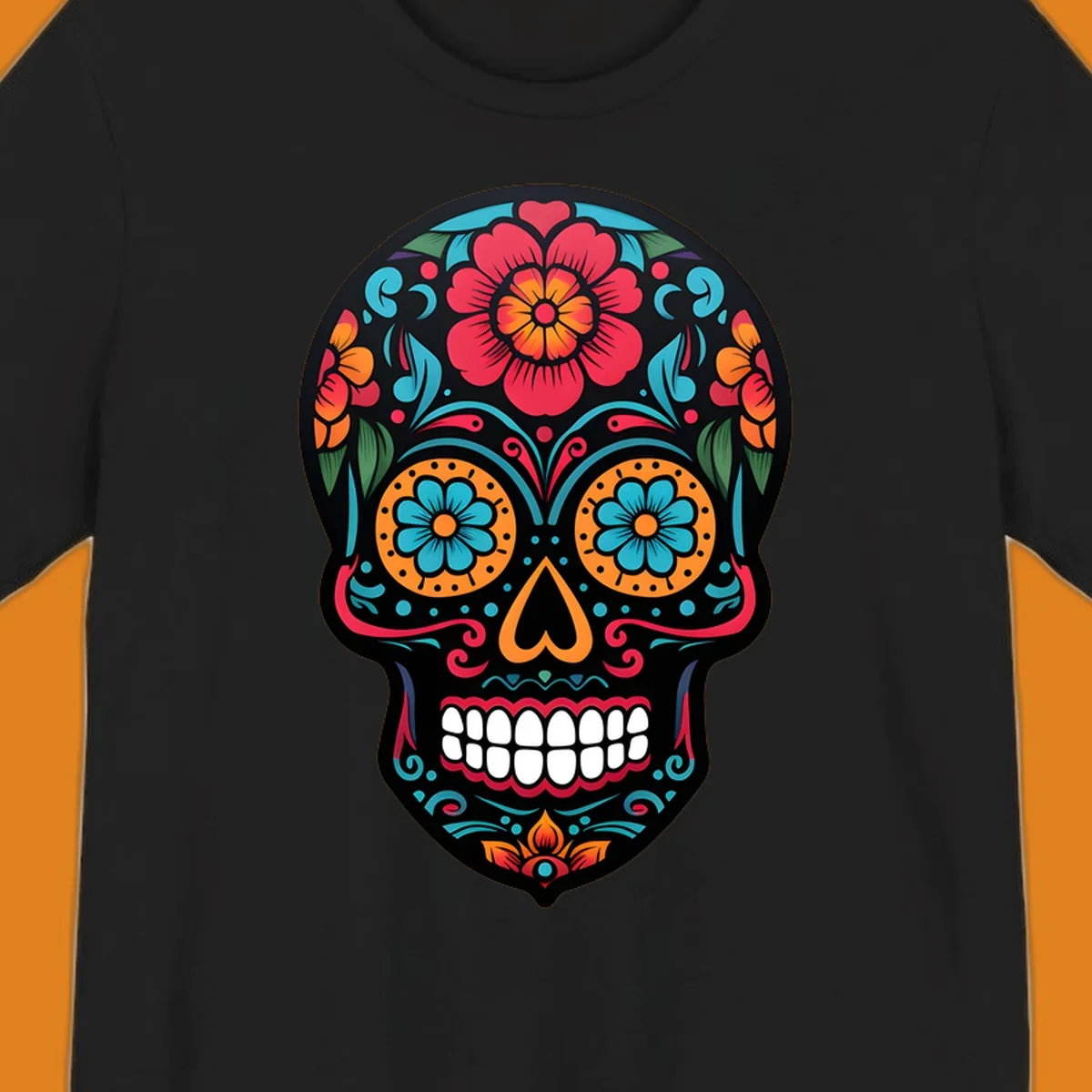 A vibrant floral calavera skull design with red, orange, blue, and teal flowers and patterns on a black skull.