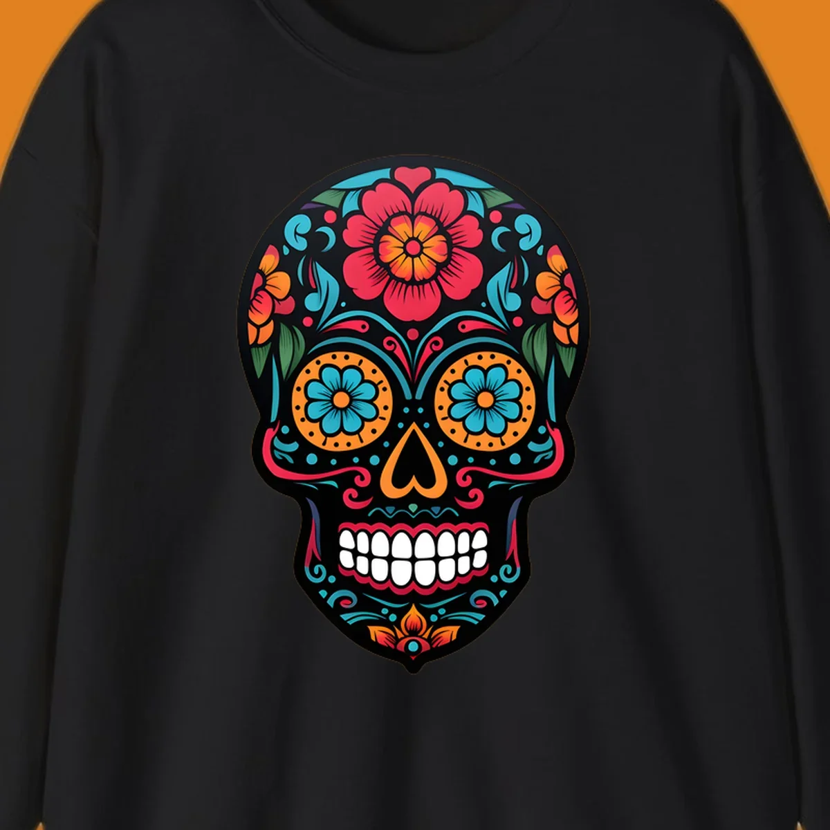 A vibrant floral calavera skull design with red, orange, blue, and teal flowers and patterns on a black skull.