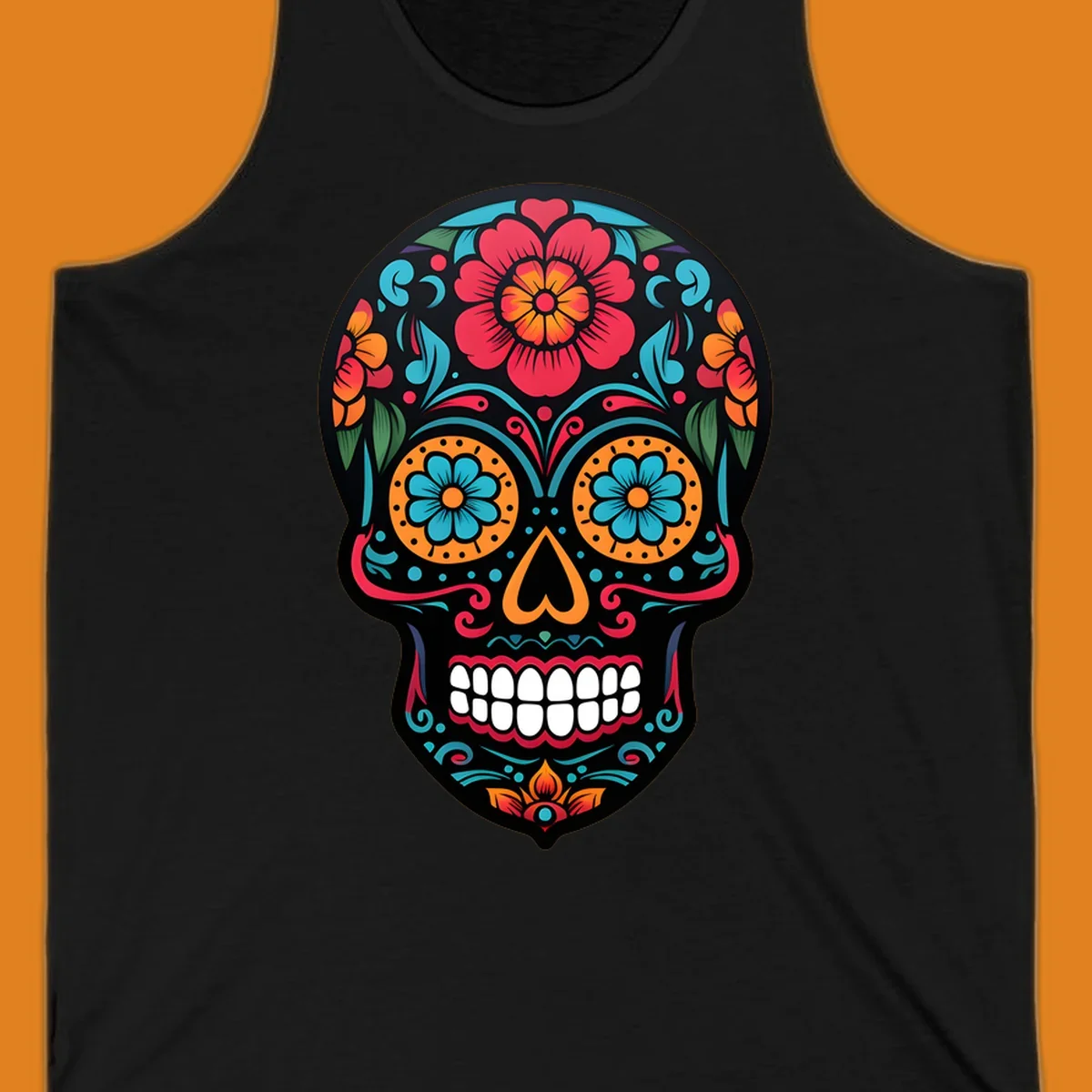 A vibrant floral calavera skull design with red, orange, blue, and teal flowers and patterns on a black skull.