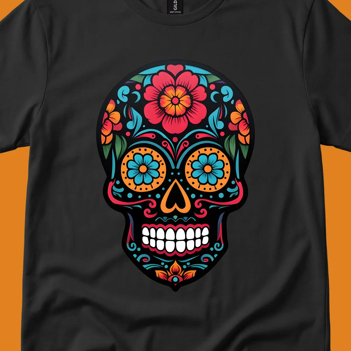A vibrant floral calavera skull design with red, orange, blue, and teal flowers and patterns on a black skull.