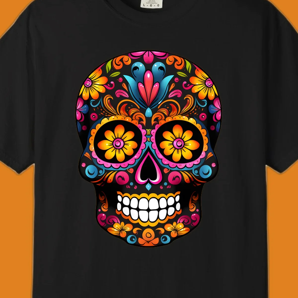 A vibrant colorful floral sugar skull illustration with intricate patterns and bright flowers for eyes.