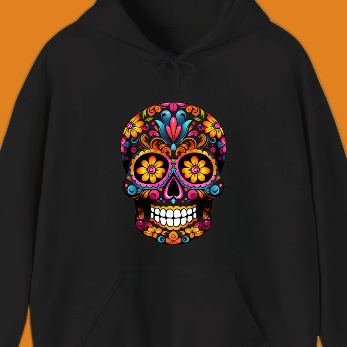 A vibrant colorful floral sugar skull illustration with intricate patterns and bright flowers for eyes.