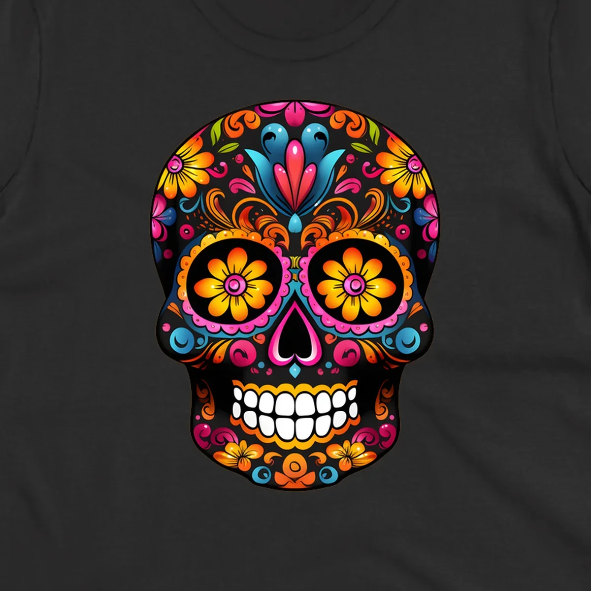 A vibrant colorful floral sugar skull illustration with intricate patterns and bright flowers for eyes.
