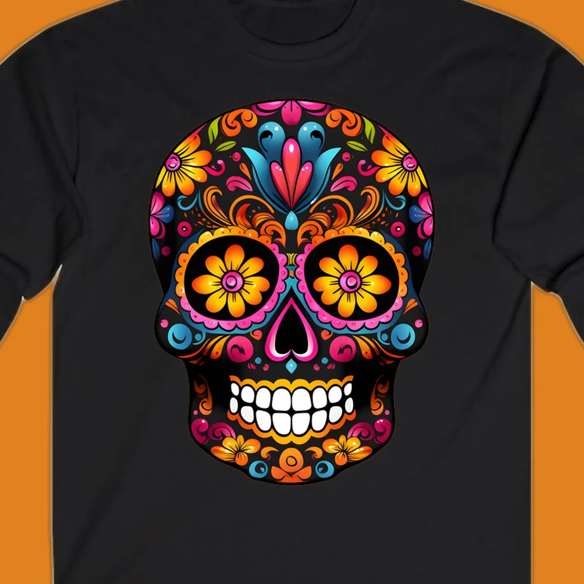 A vibrant colorful floral sugar skull illustration with intricate patterns and bright flowers for eyes.