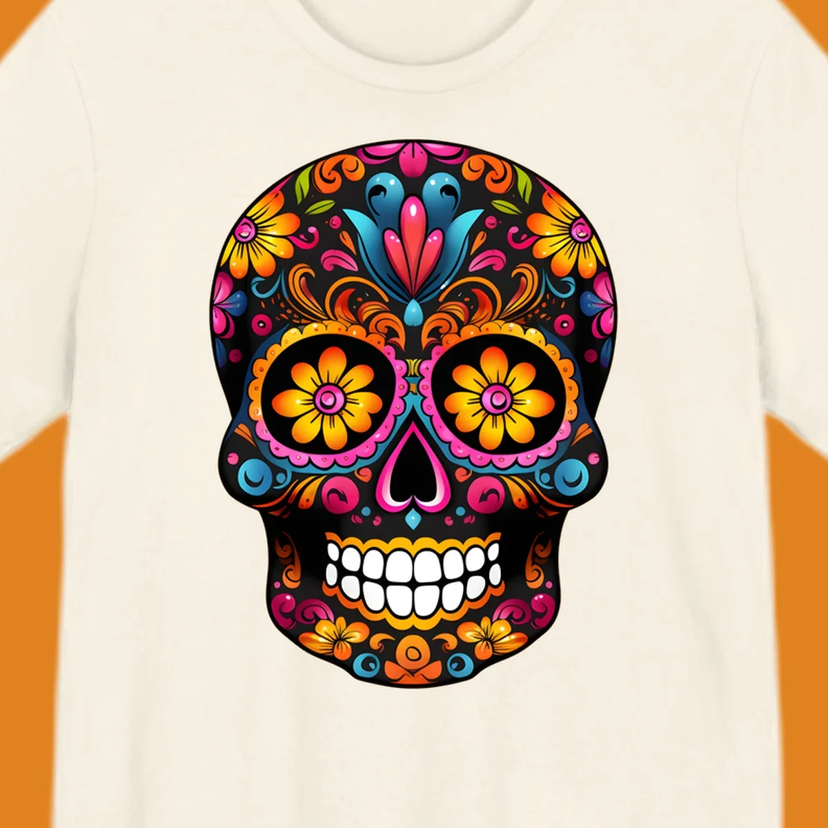 A vibrant colorful floral sugar skull illustration with intricate patterns and bright flowers for eyes.