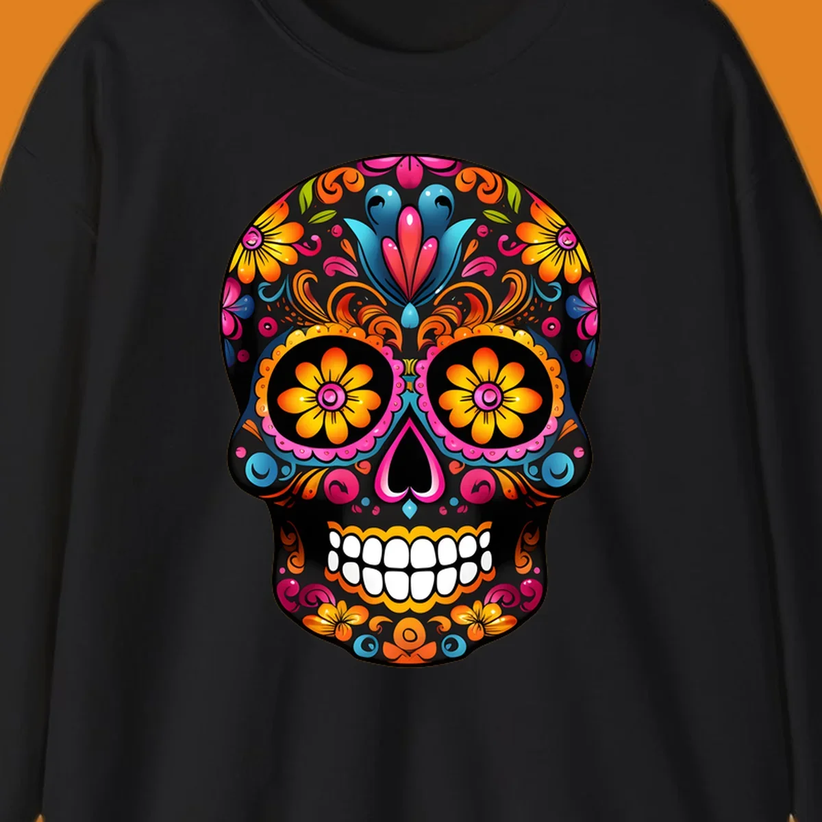 A vibrant colorful floral sugar skull illustration with intricate patterns and bright flowers for eyes.