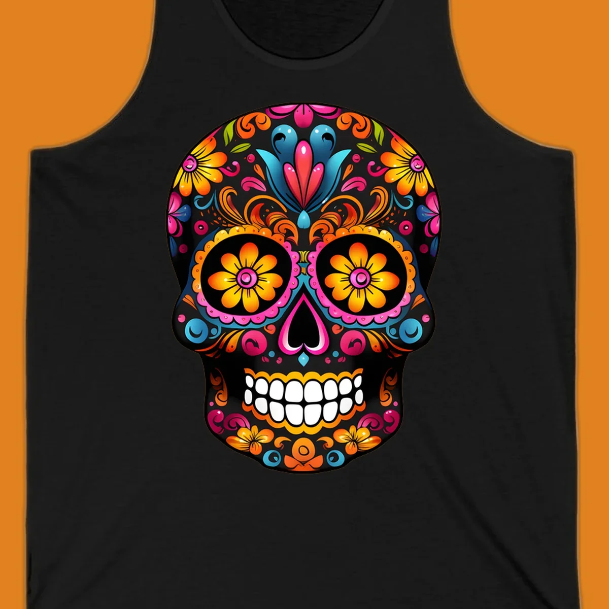 A vibrant colorful floral sugar skull illustration with intricate patterns and bright flowers for eyes.