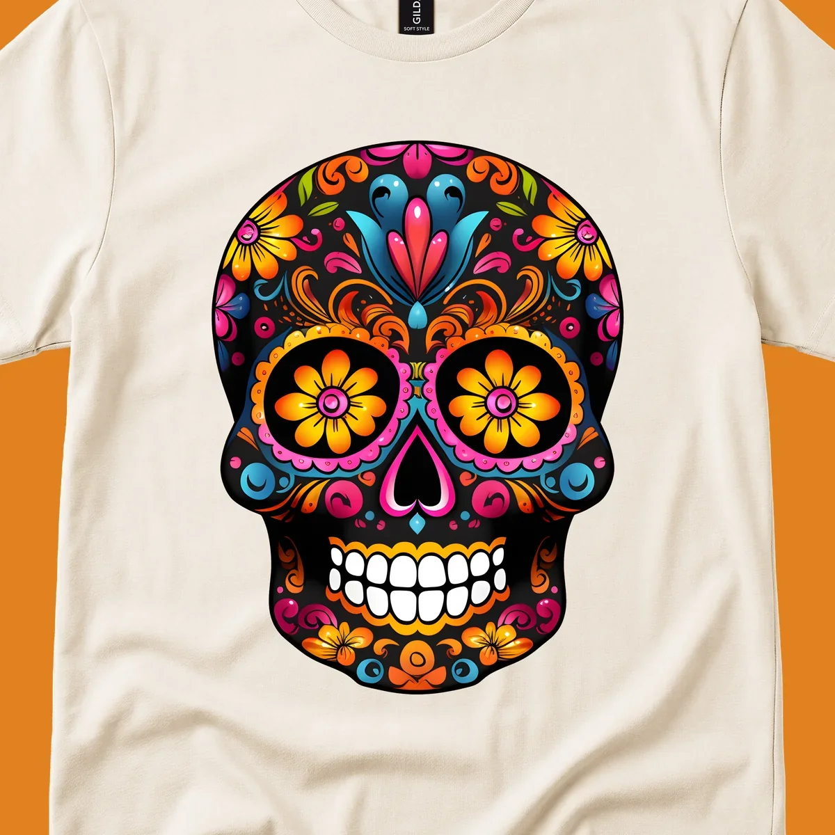 A vibrant colorful floral sugar skull illustration with intricate patterns and bright flowers for eyes.