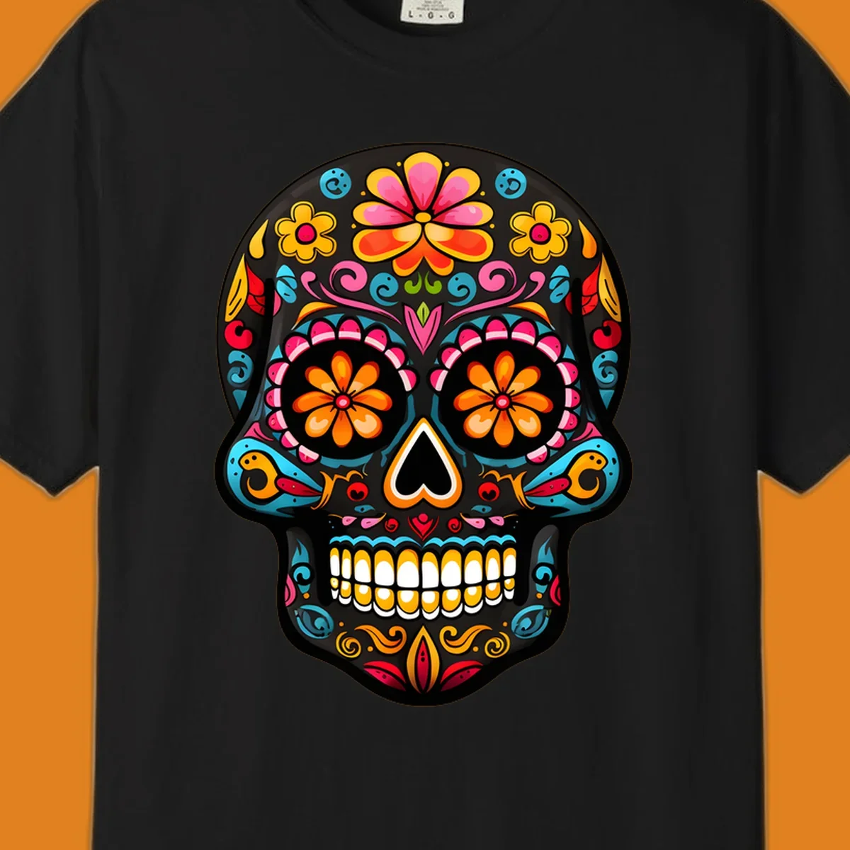 Vibrant floral sugar skull (calavera) illustration with bright flowers, swirls, and a heart nose.