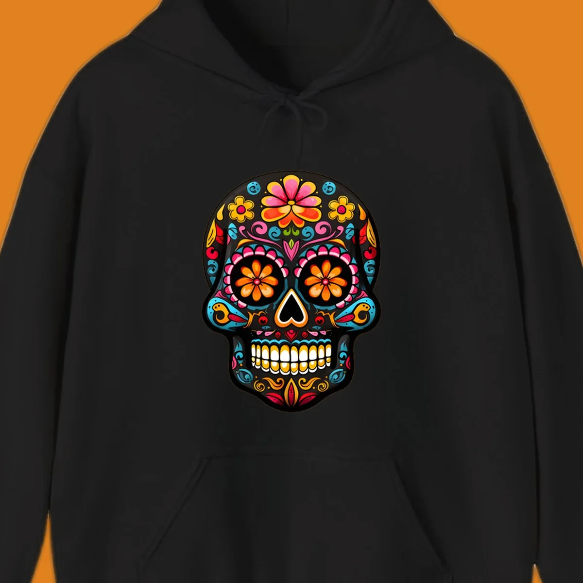 Vibrant floral sugar skull (calavera) illustration with bright flowers, swirls, and a heart nose.