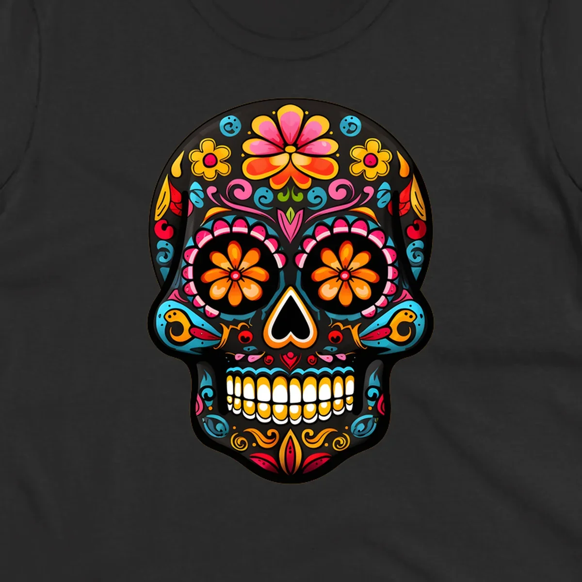 Vibrant floral sugar skull (calavera) illustration with bright flowers, swirls, and a heart nose.