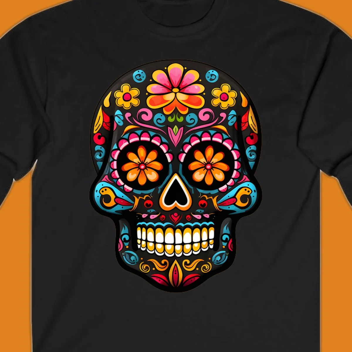 Vibrant floral sugar skull (calavera) illustration with bright flowers, swirls, and a heart nose.